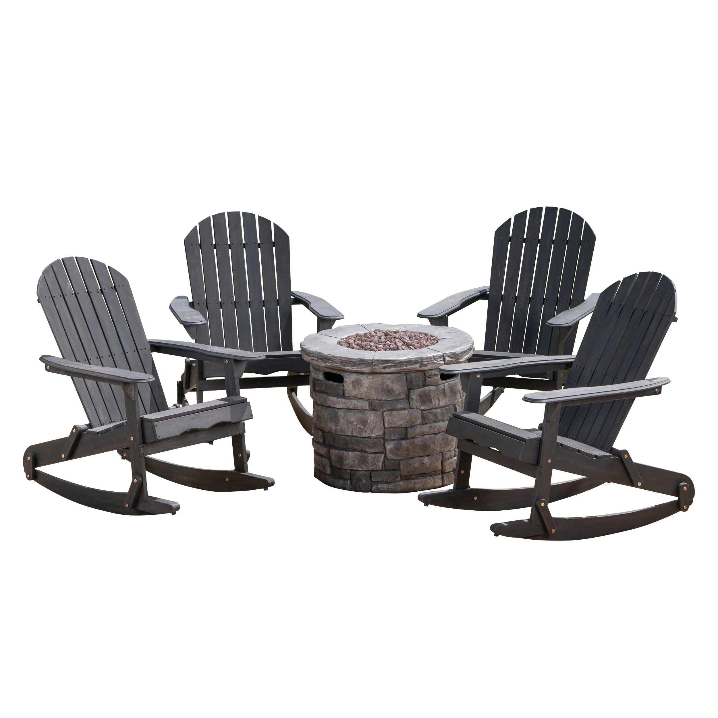 Belfast Outdoor Acacia Wood 5 Piece Adirondack Rocking Chair and Fire Pit Set - furnishings