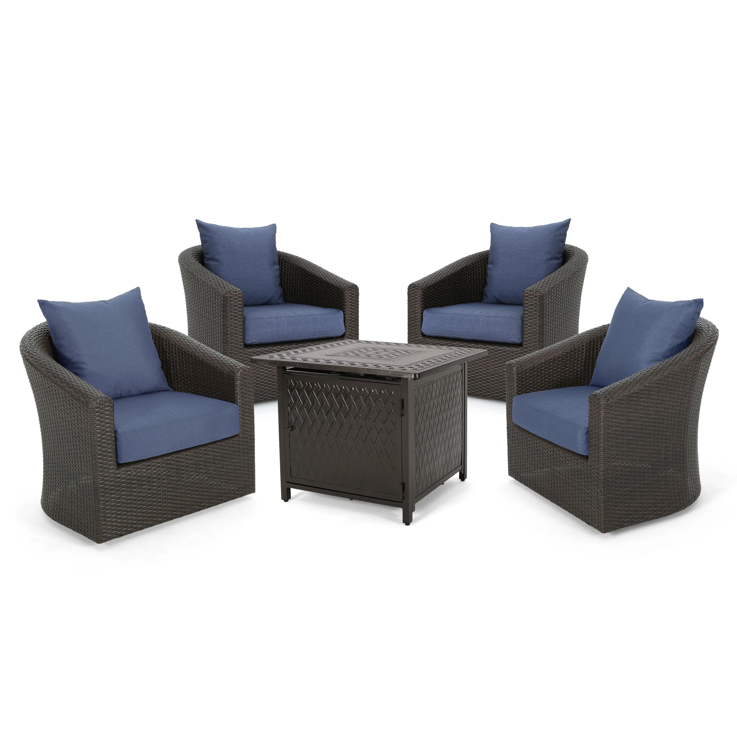 Dillard Outdoor 4 Seater Wicker Swivel Chair and Fire Pit Set - furnishings