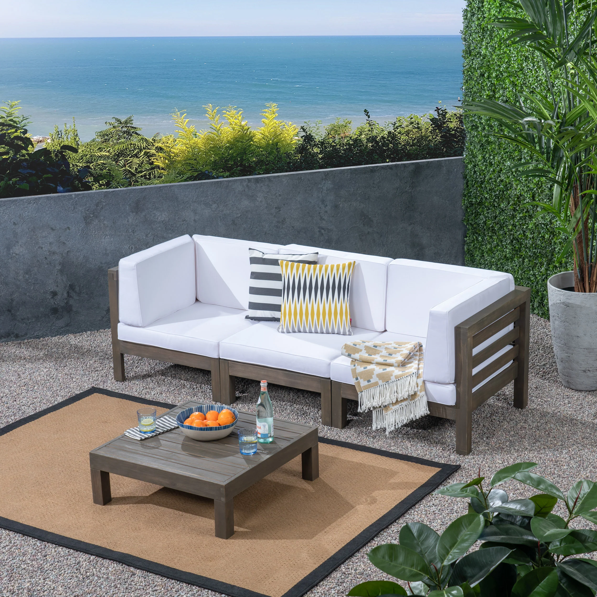 Dawson Outdoor Sectional Sofa Set with Coffee Table - 4-Piece 3-Seater - Acacia Wood - Outdoor Cushions - furnishings