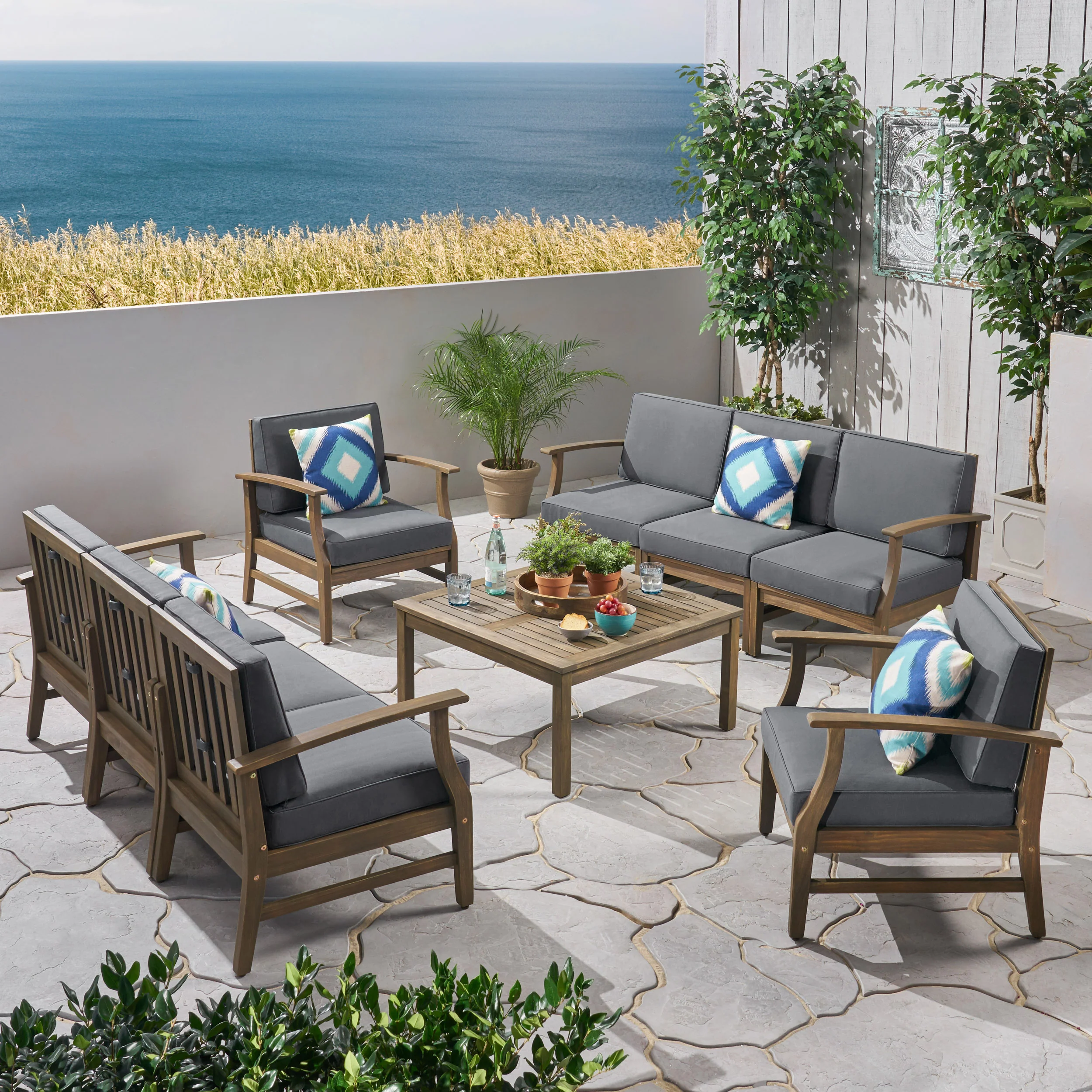 Lorelei Outdoor 9 Piece Acacia Wood Sofa Conversational Set - furnishings