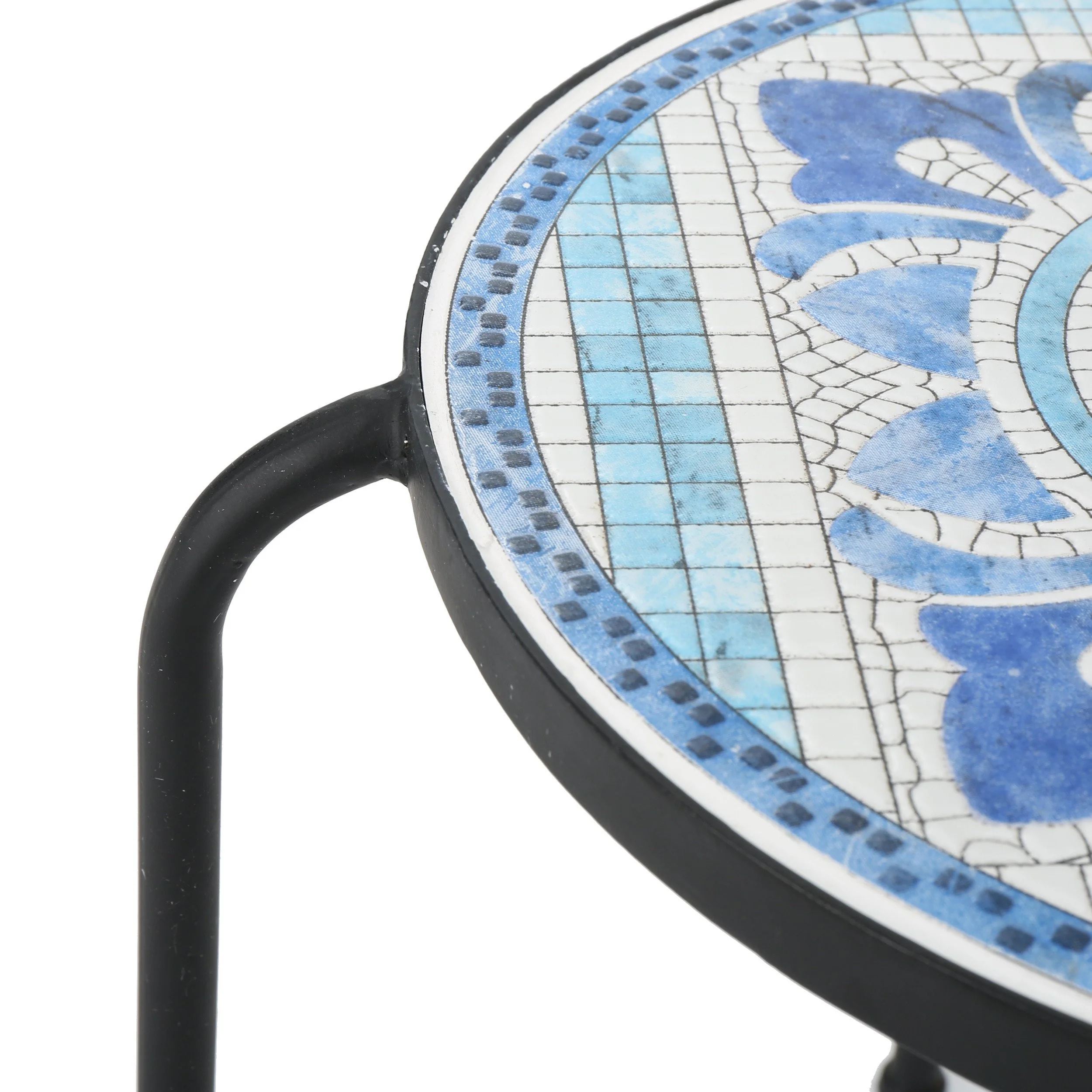 Sindarin Outdoor Blue & White Ceramic Tile Iron Frame Side Table - furnishings