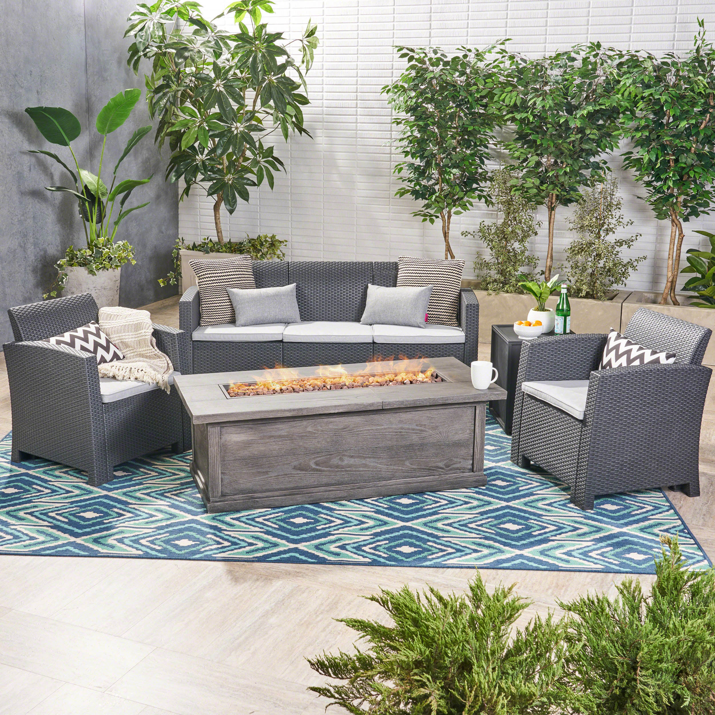 Melik Outdoor 5-Seater Wicker Print Chat Set with Fire Pit and Tank Holder - furnishings
