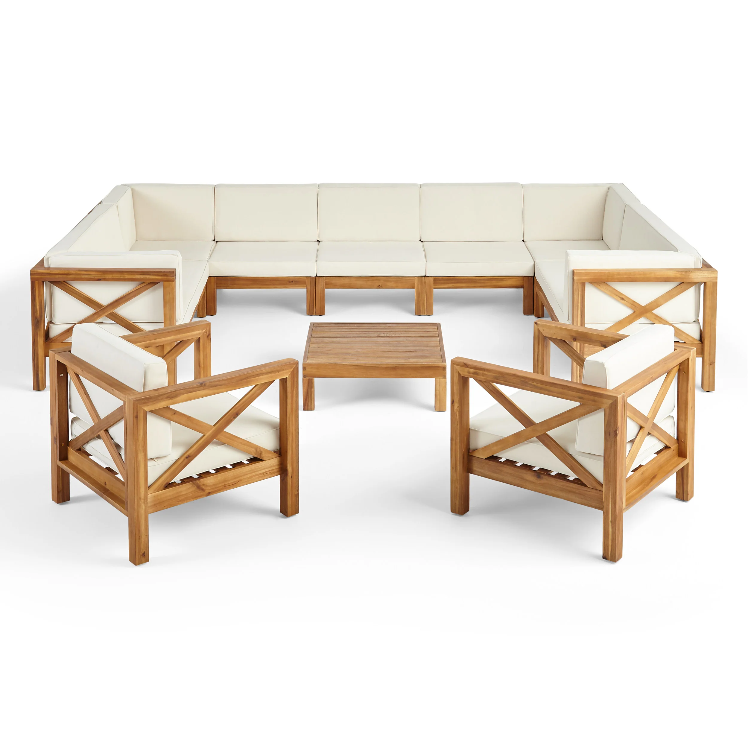 Isabella Outdoor 11 Seater Acacia Wood Sectional Sofa and Club Chair Set - furnishings