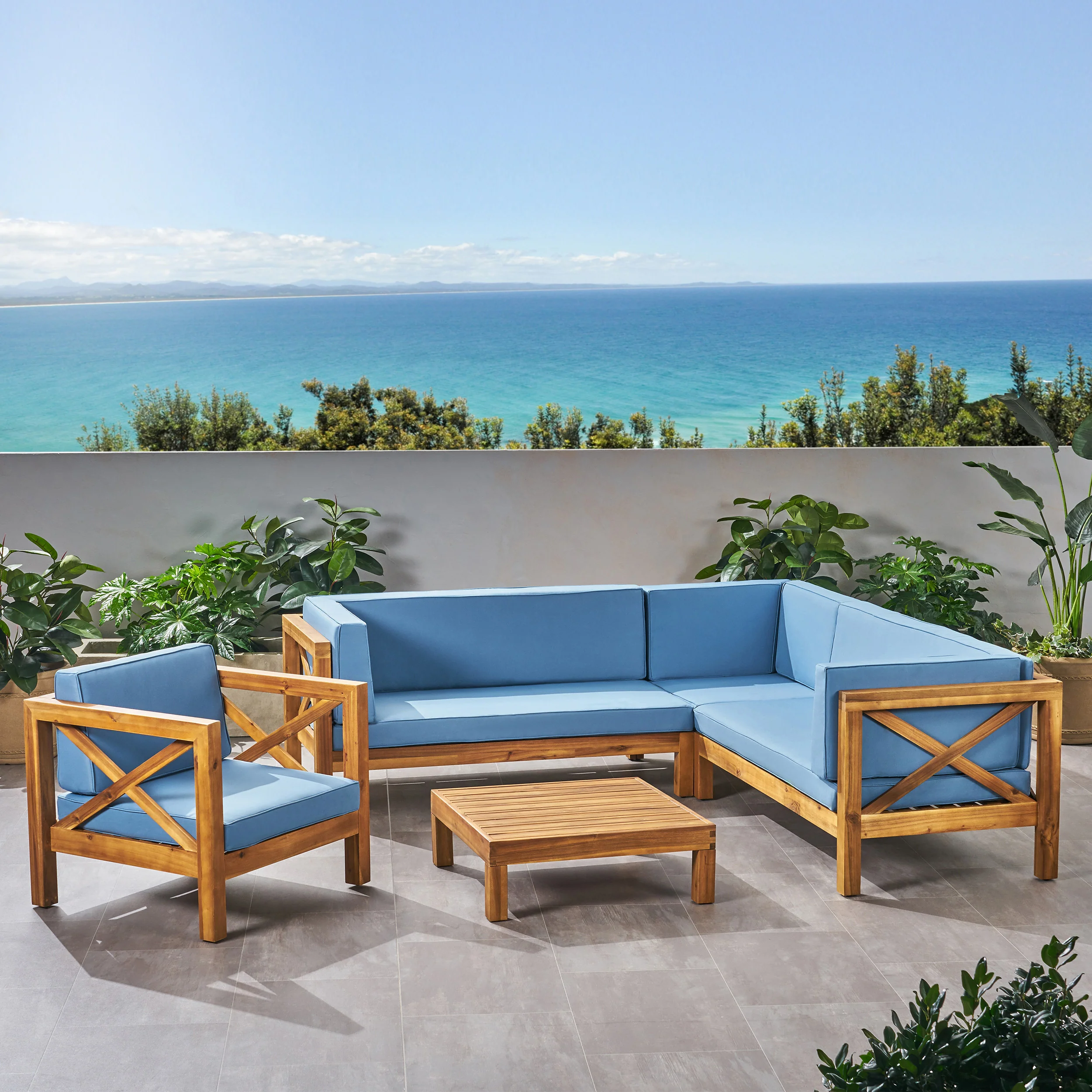 Morgan Outdoor 6 Seater Acacia Wood Sectional Sofa and Club Chair Set - furnishings