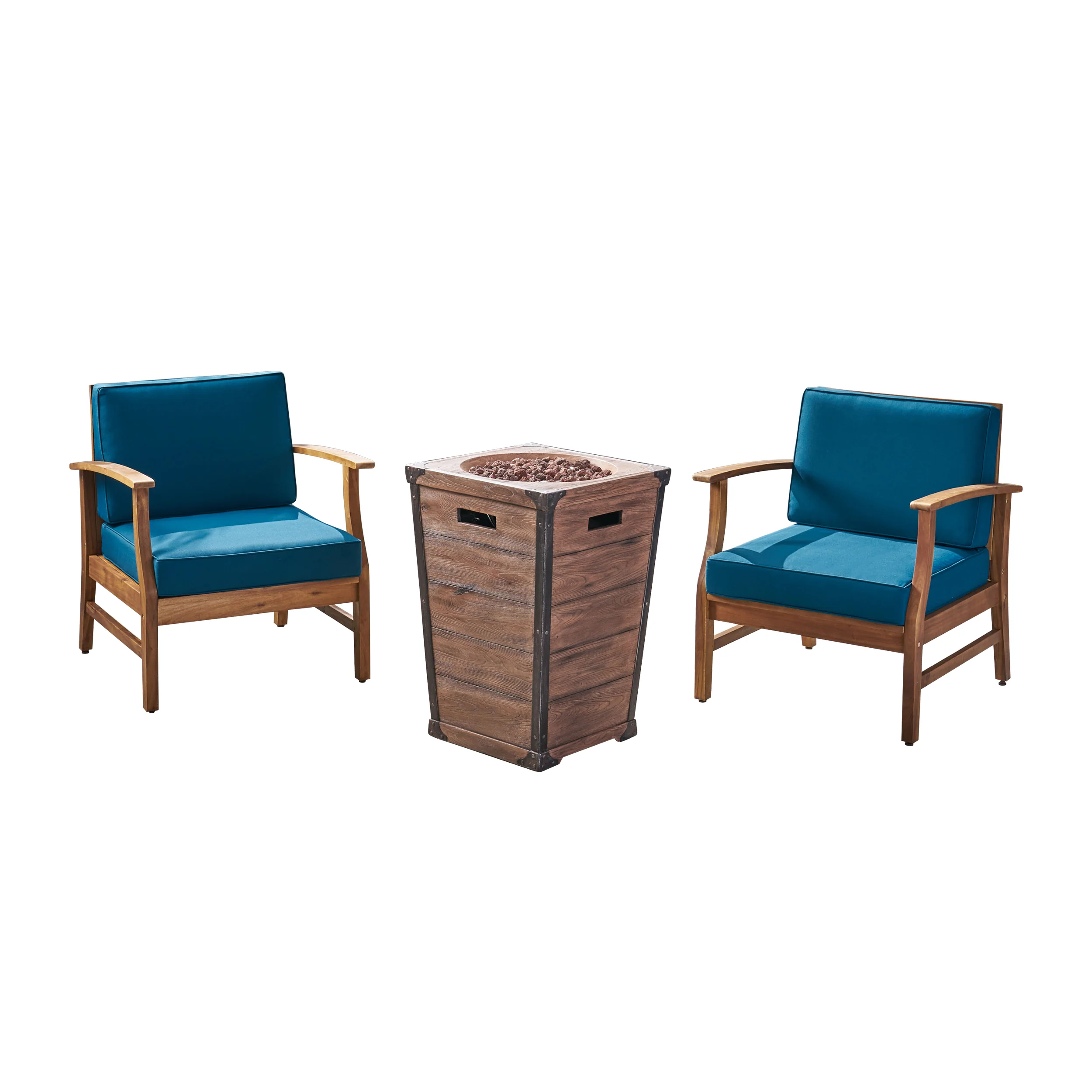 Capri Outdoor 2 Piece Acacia Wood Club Chair Set with Cushions and Fire Column - furnishings