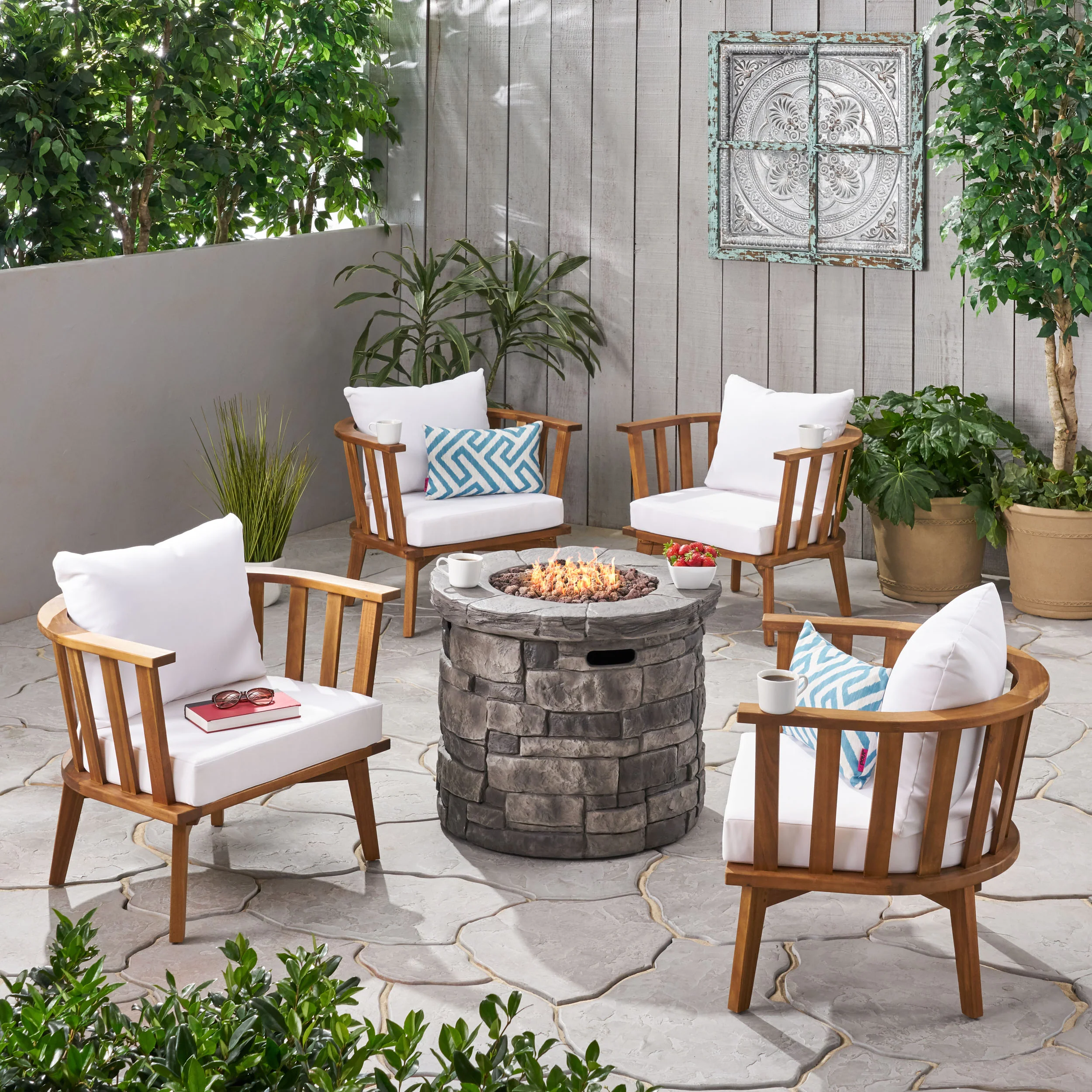 Darian Outdoor Acacia Wood 4 Seater Club Chairs and Fire Pit Set - furnishings