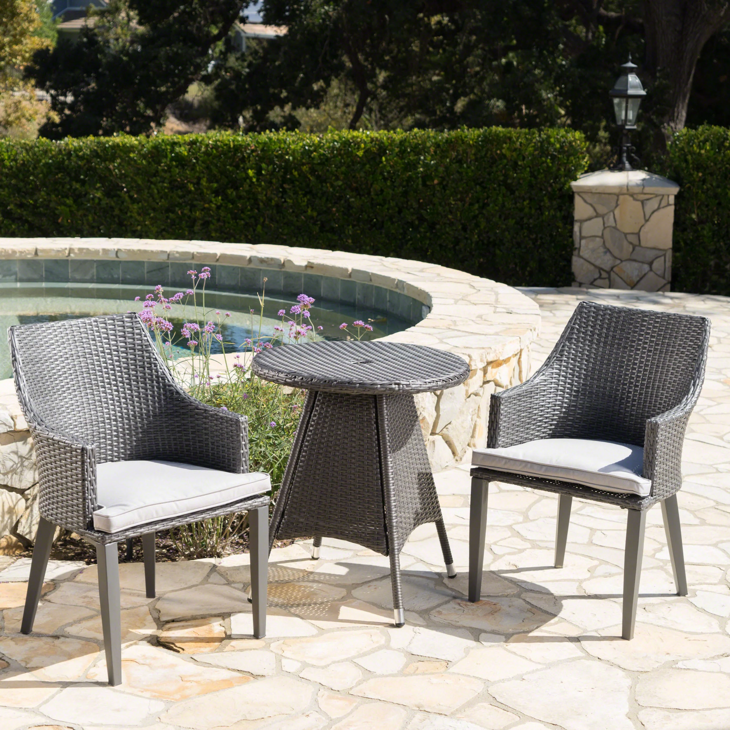 Leeward Outdoor 3 Piece Wicker Round Bistro Set with Water Resistant Cushions - furnishings