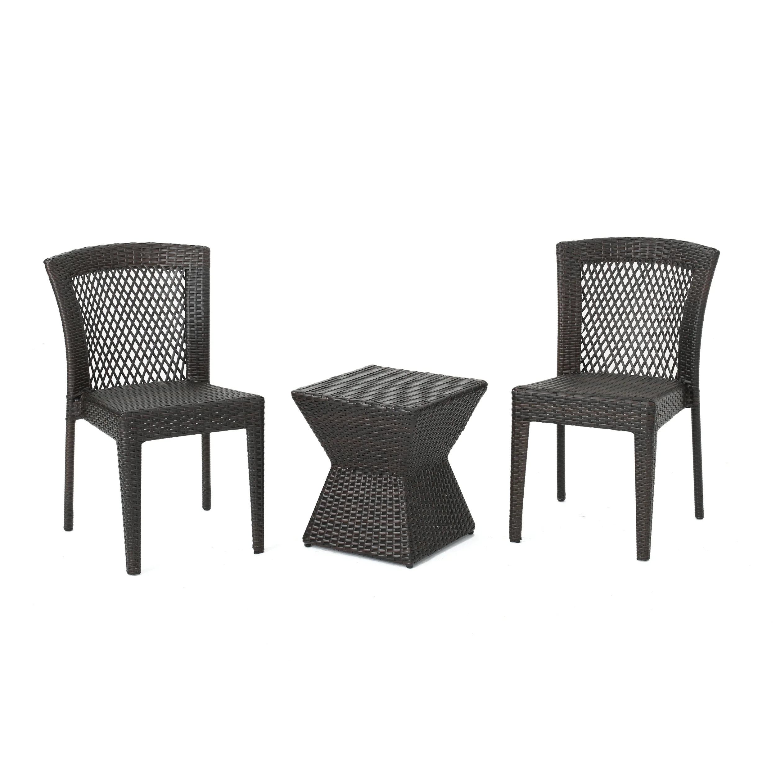 Malsborough Outdoor 3 Piece Multi-Brown Wicker Chat Set with Stacking Chairs - furnishings