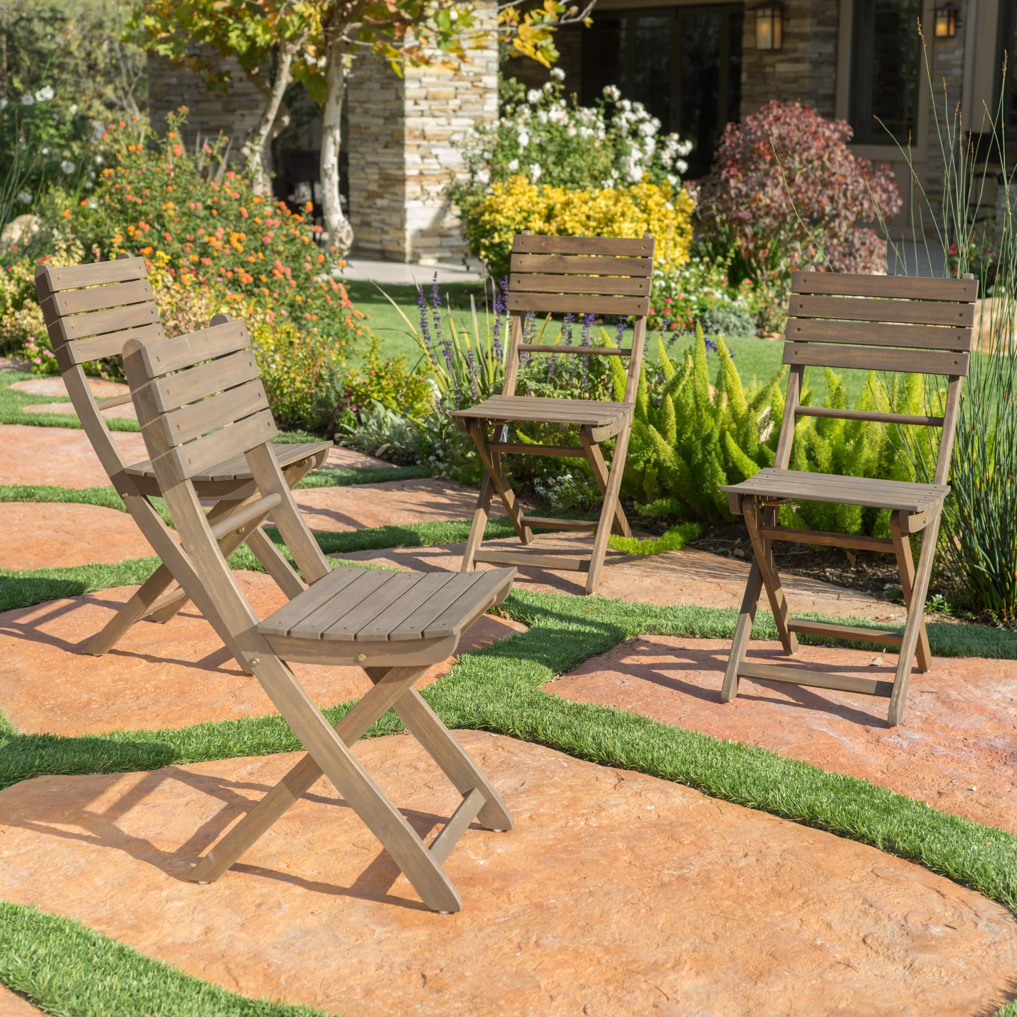 Vicaro Outdoor Grey Finish Acacia Wood Foldable Dining Chairs (Set of 4) - furnishings