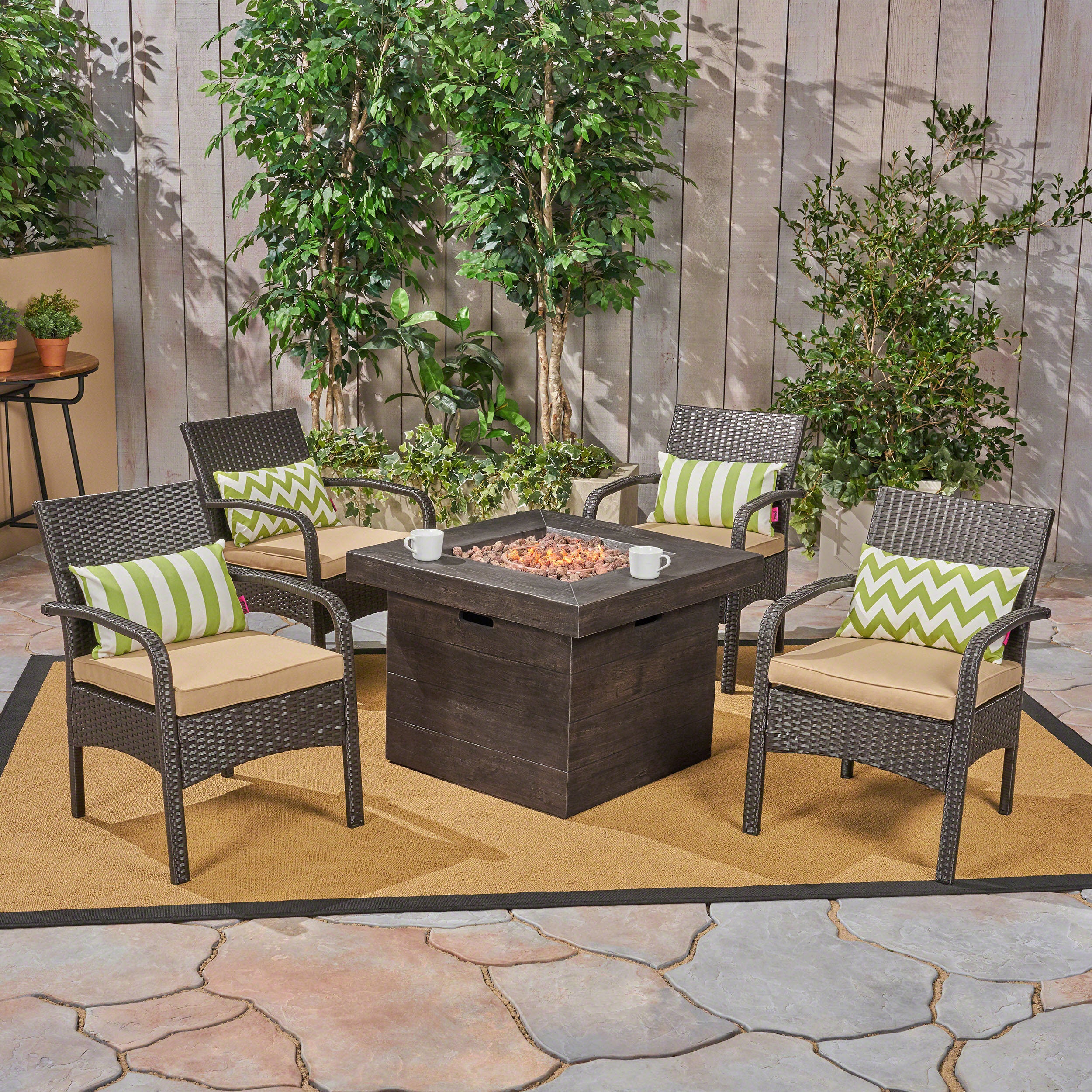 Meroy Patio Fire Pit Set, 4-Seater with Club Chairs, Wicker with Outdoor Cushions - furnishings