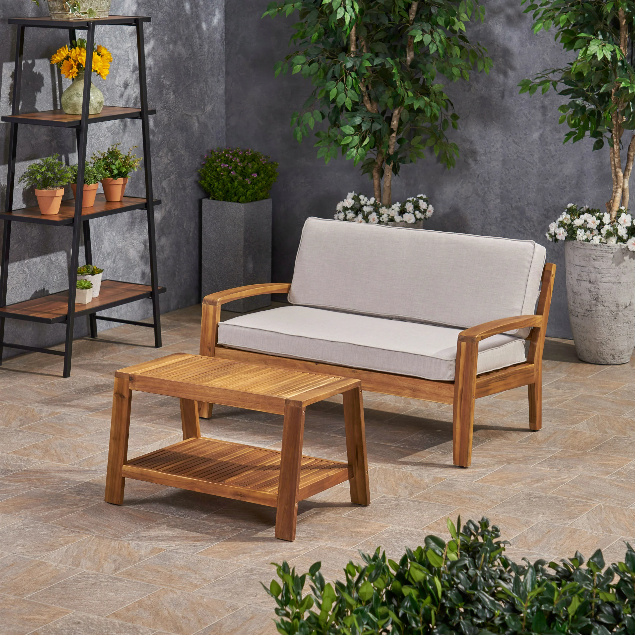 Parma Outdoor Acacia Wood Loveseat and Coffee Table Set with Sunbrella Cushions - furnishings