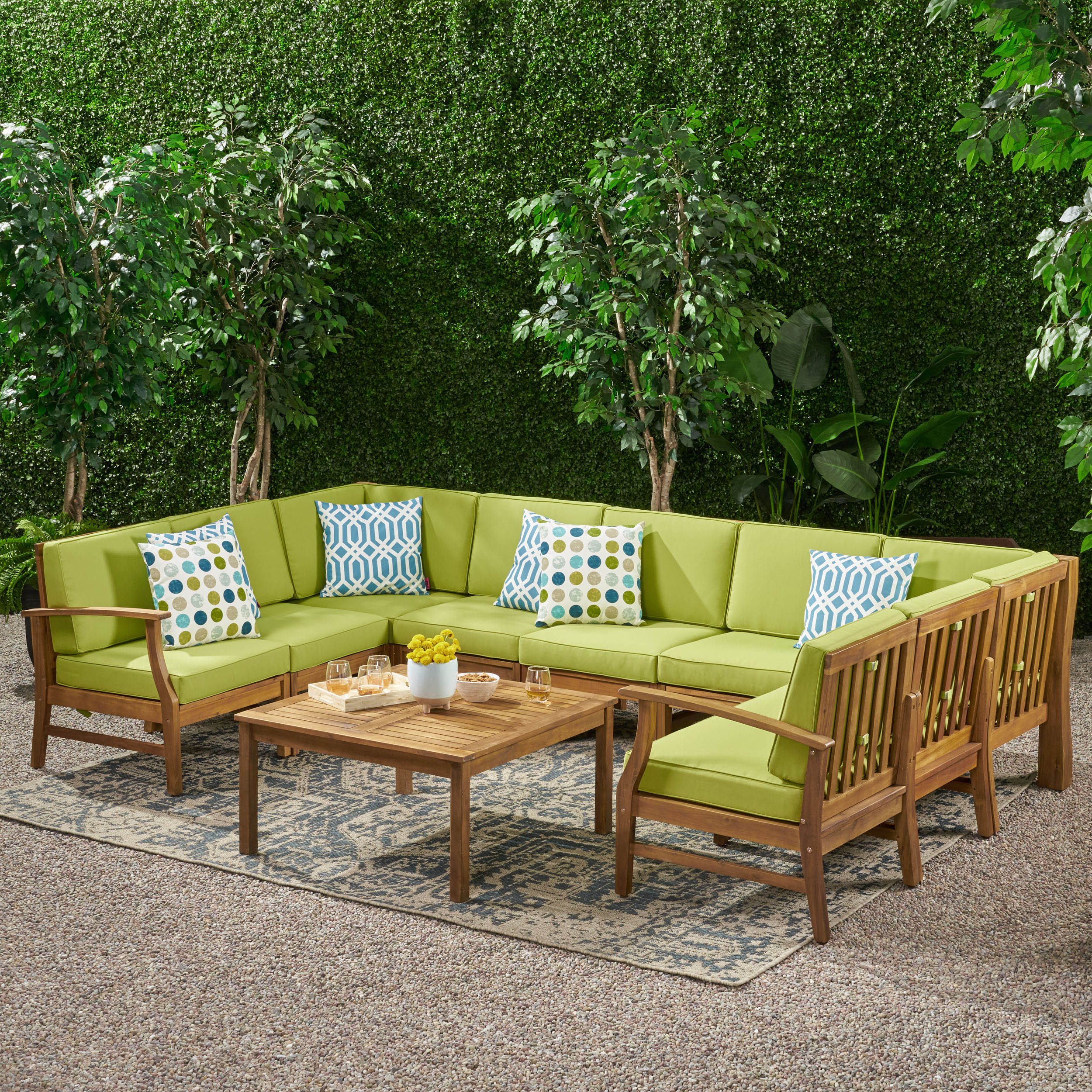 Judith Outdoor 9 Seater Acacia Wood Sectional Sofa Set with Cushions - furnishings