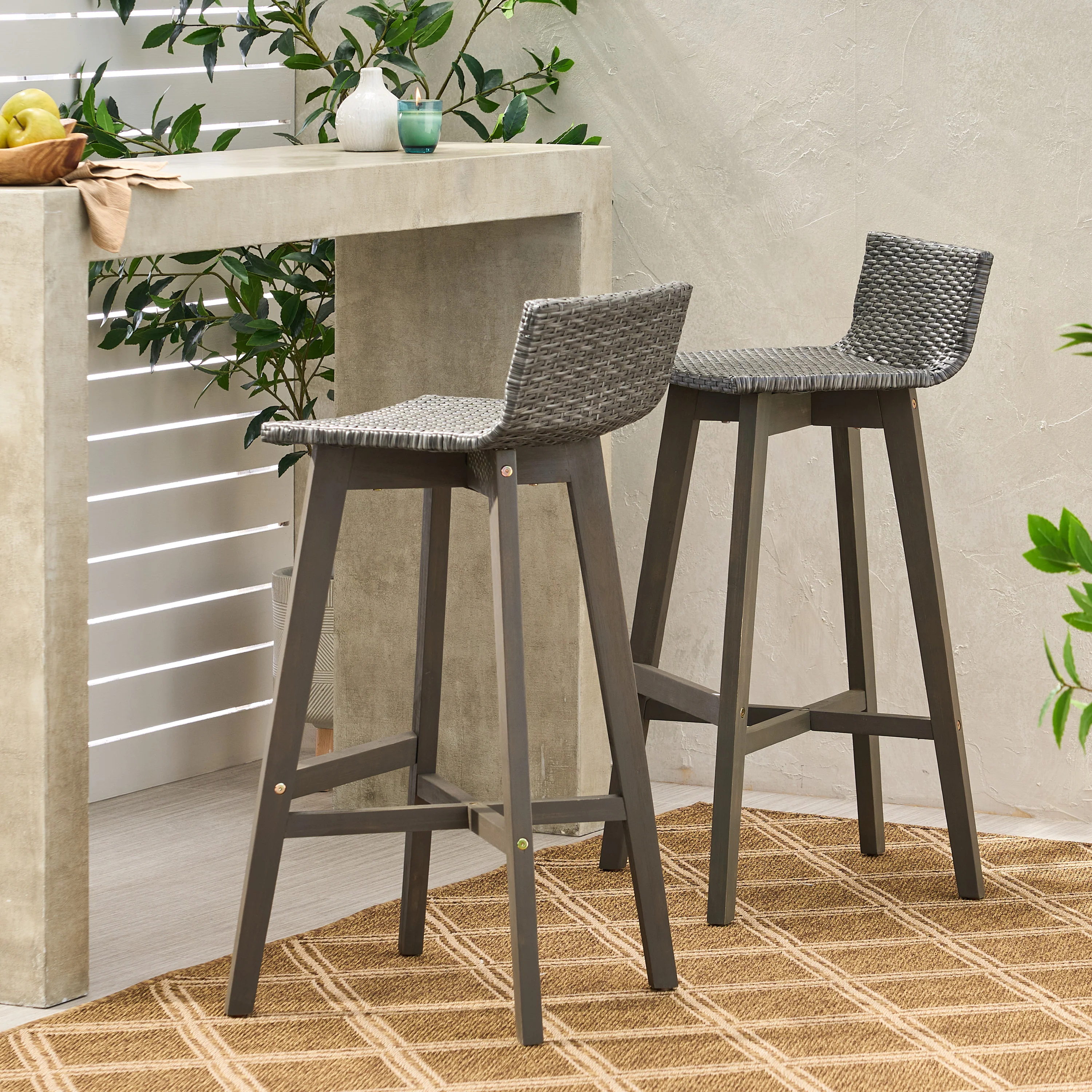 Bellagio Outdoor Acacia Wood & Wicker Barstools (Set of 2) - furnishings