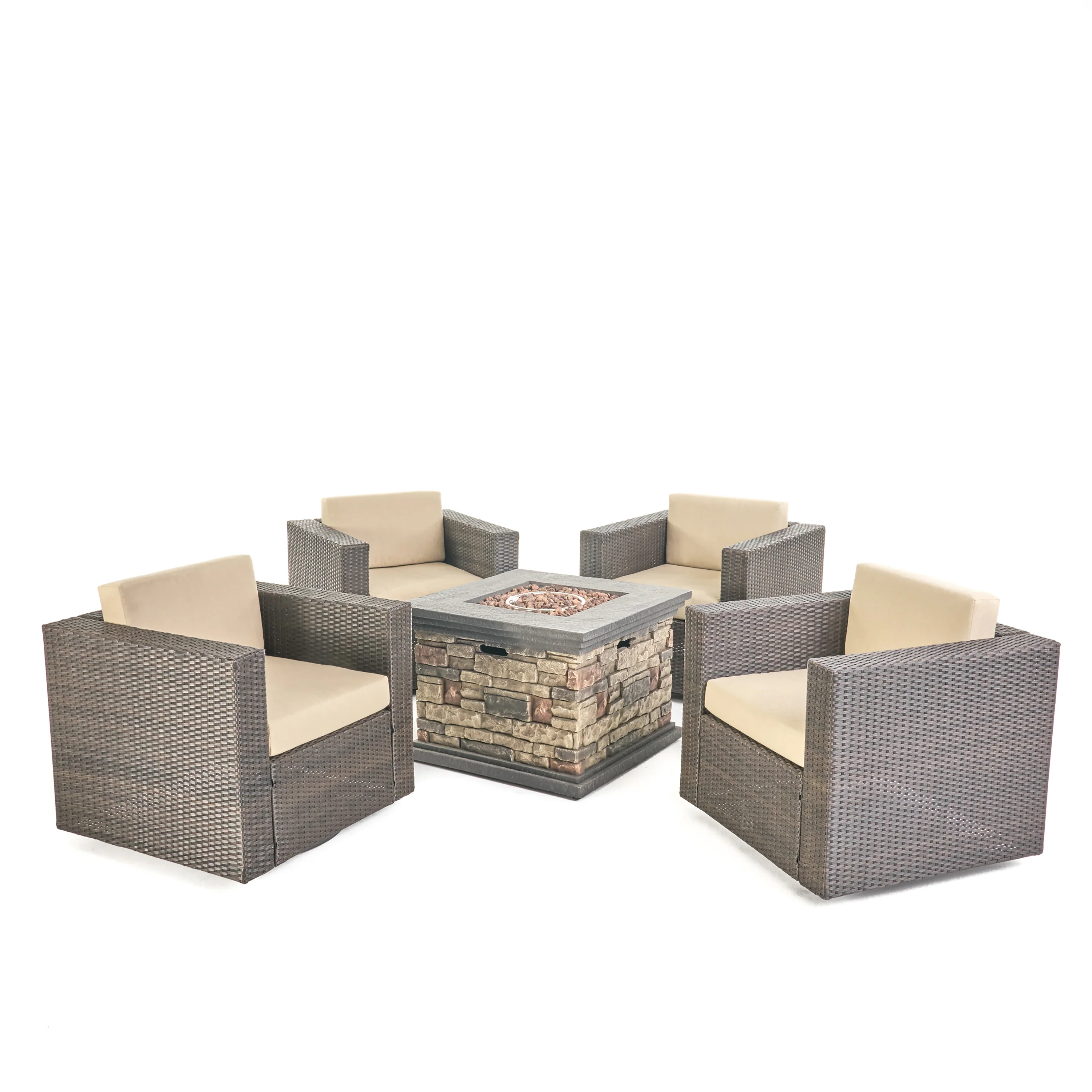 Venice Outdoor 5 Piece Chat Set with Dark Brown Chairs with Fire Pit - furnishings