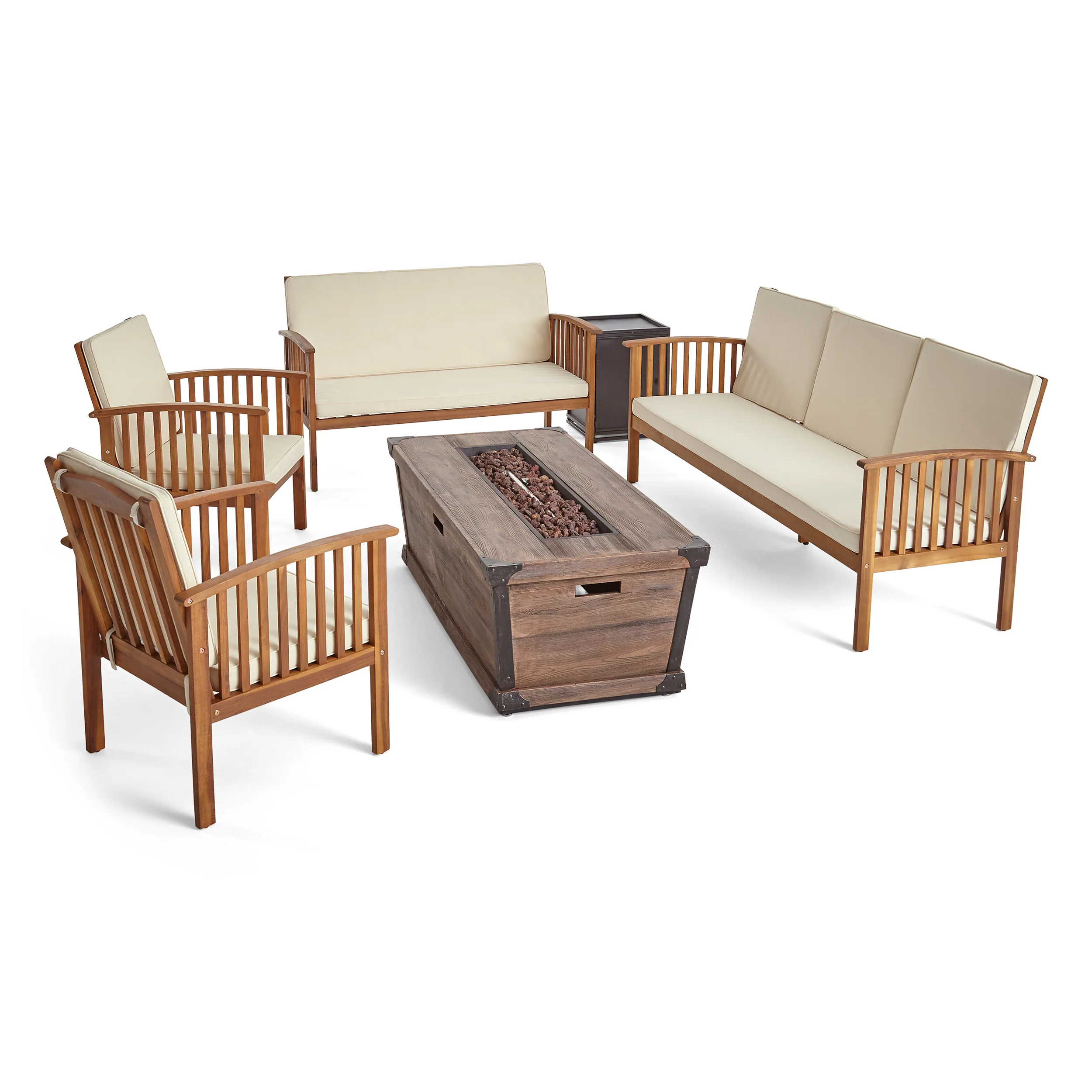 Beckley Outdoor 4 Piece Acacia Wood Conversational Set with Cushions and Fire Pit - furnishings