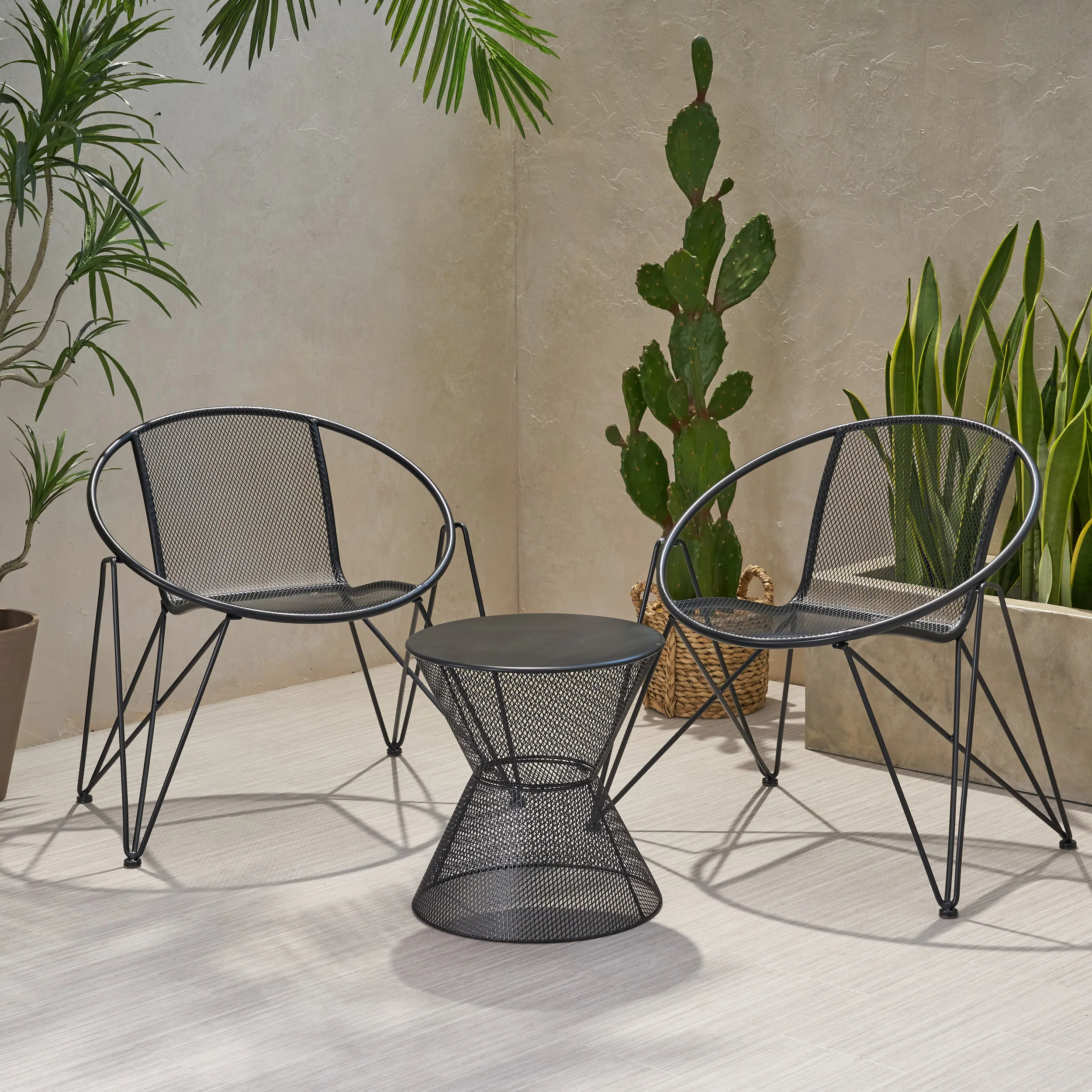 Ariella Modern Outdoor Iron Chat Set with Side Table - furnishings