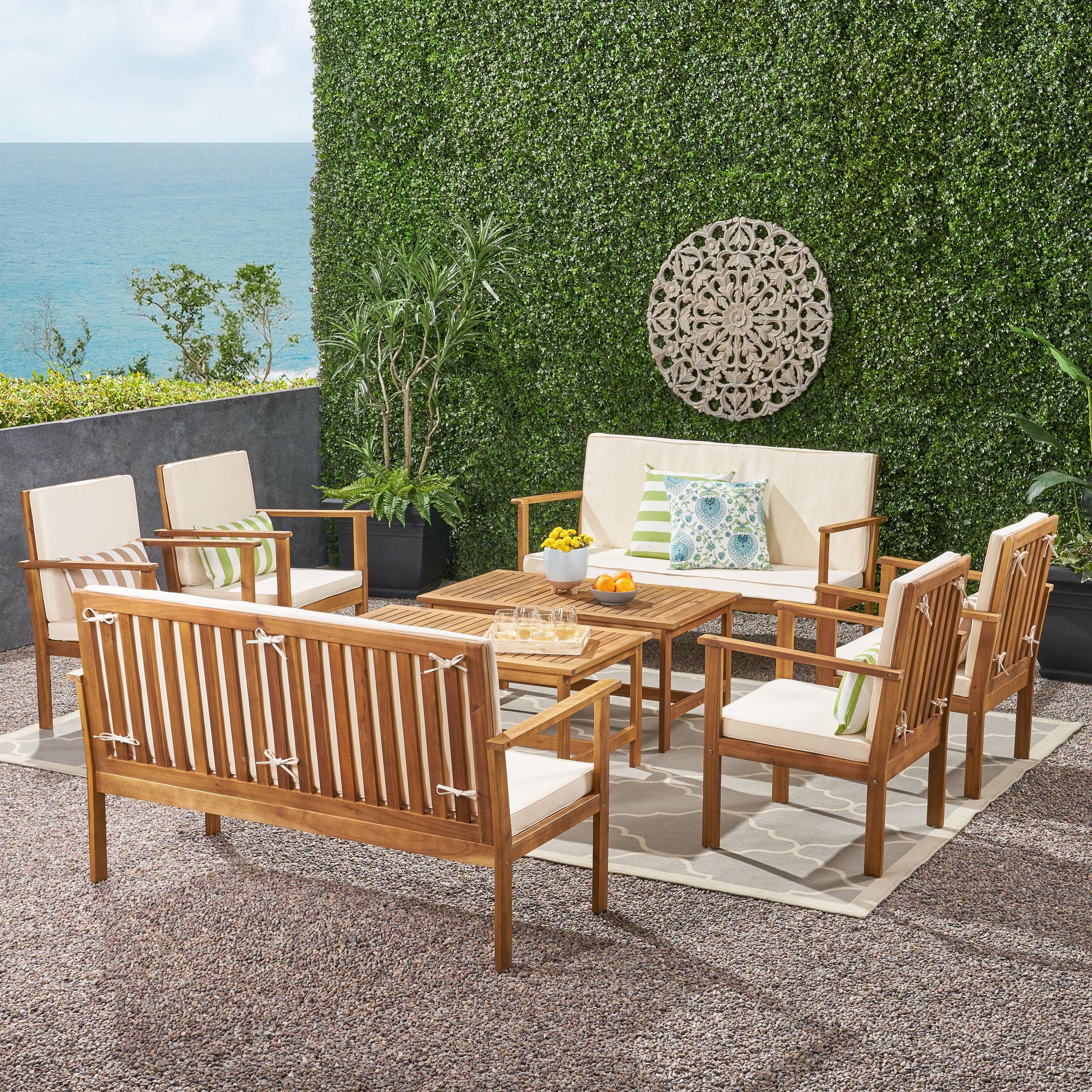 Renata Outdoor Modern Acacia Wood 8 Seater Chat Set with Cushions - furnishings
