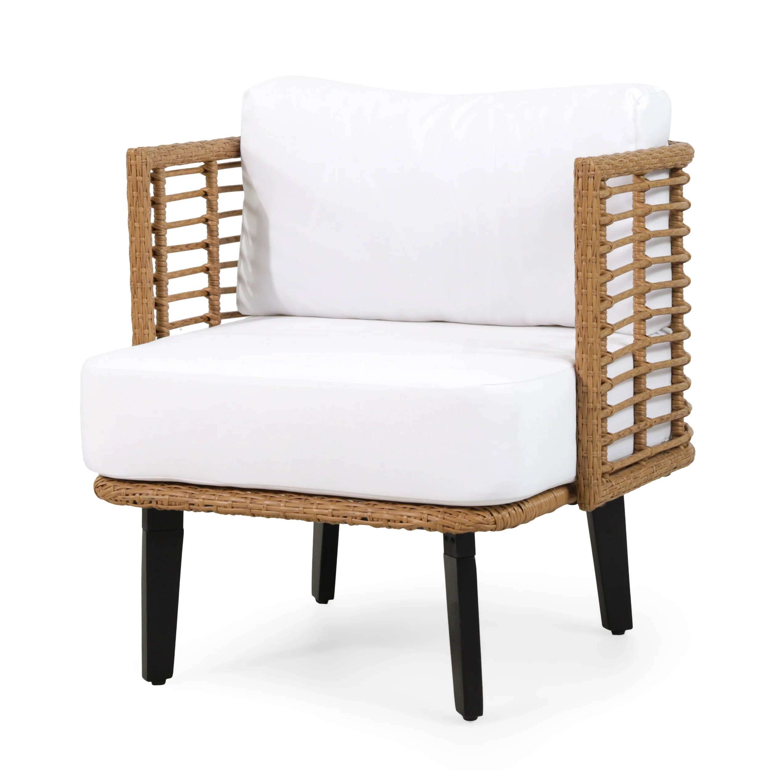 Rauser Outdoor Wicker Club Chair with Water Resistant Cushion, Light Brown and White - furnishings