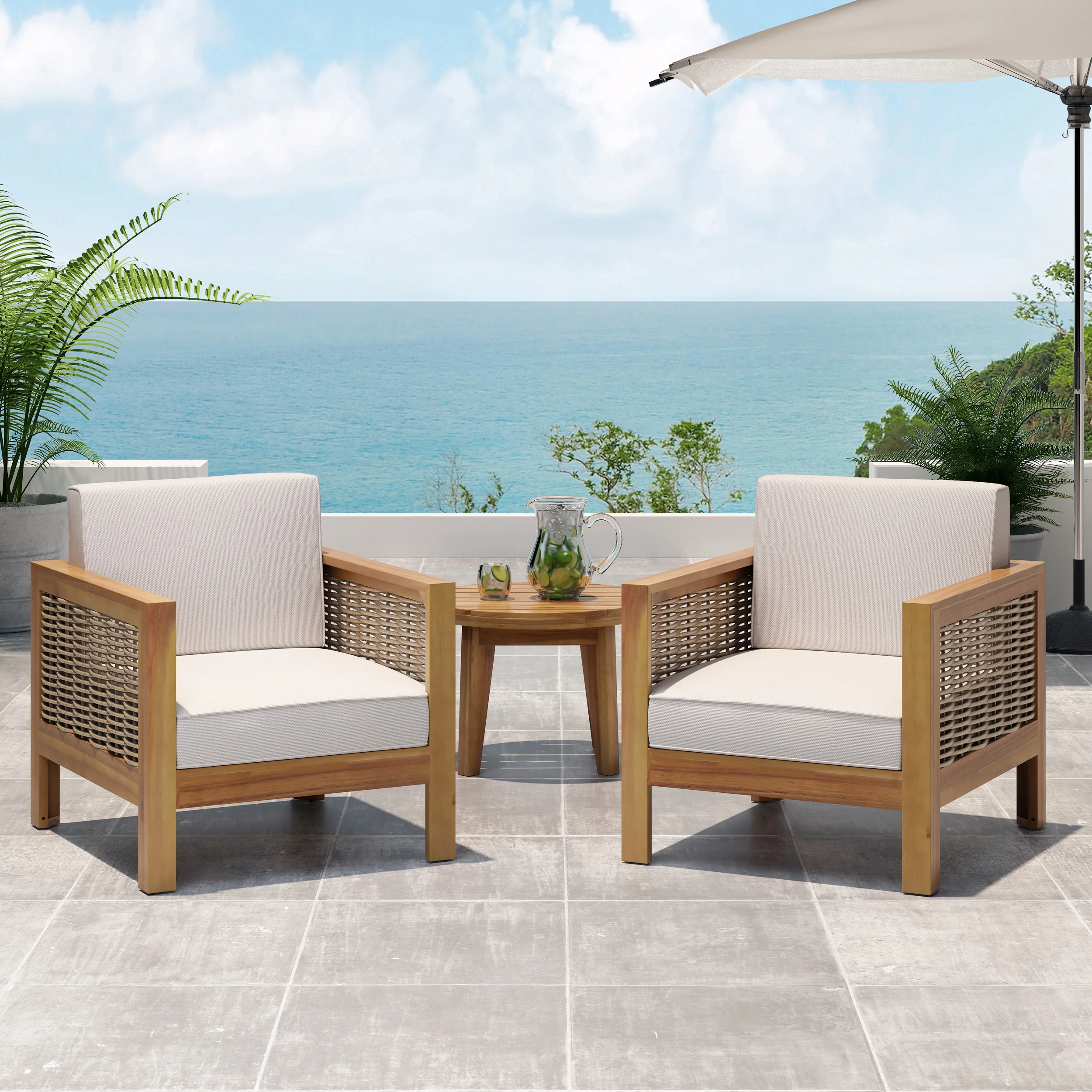 Mayes Outdoor Acacia Wood Club Chair with Wicker Accents (Set of 2) - furnishings