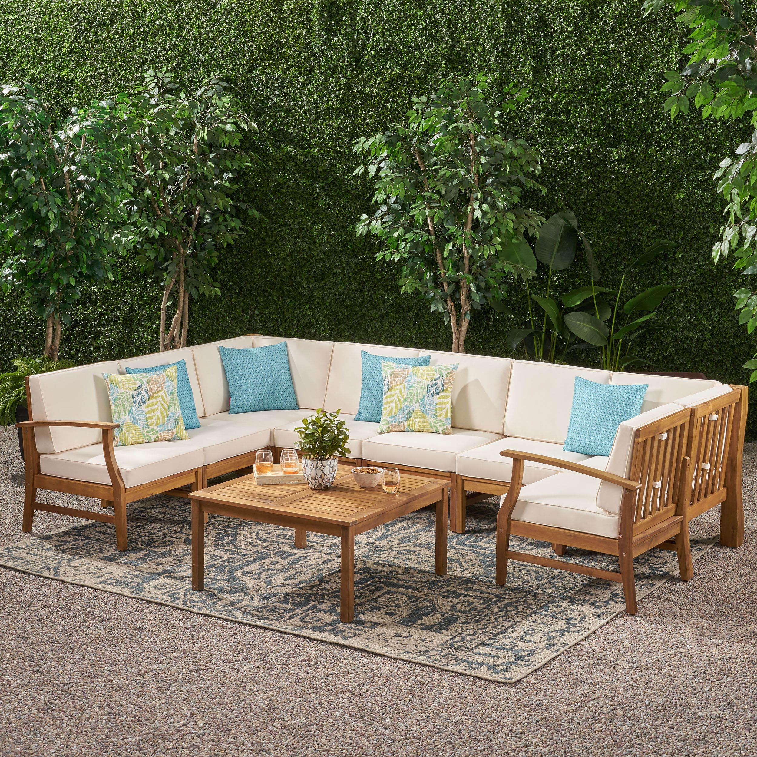 Scarlett Outdoor 8 Seat Teak Finished Acacia Wood Sectional Sofa and Table Set - furnishings