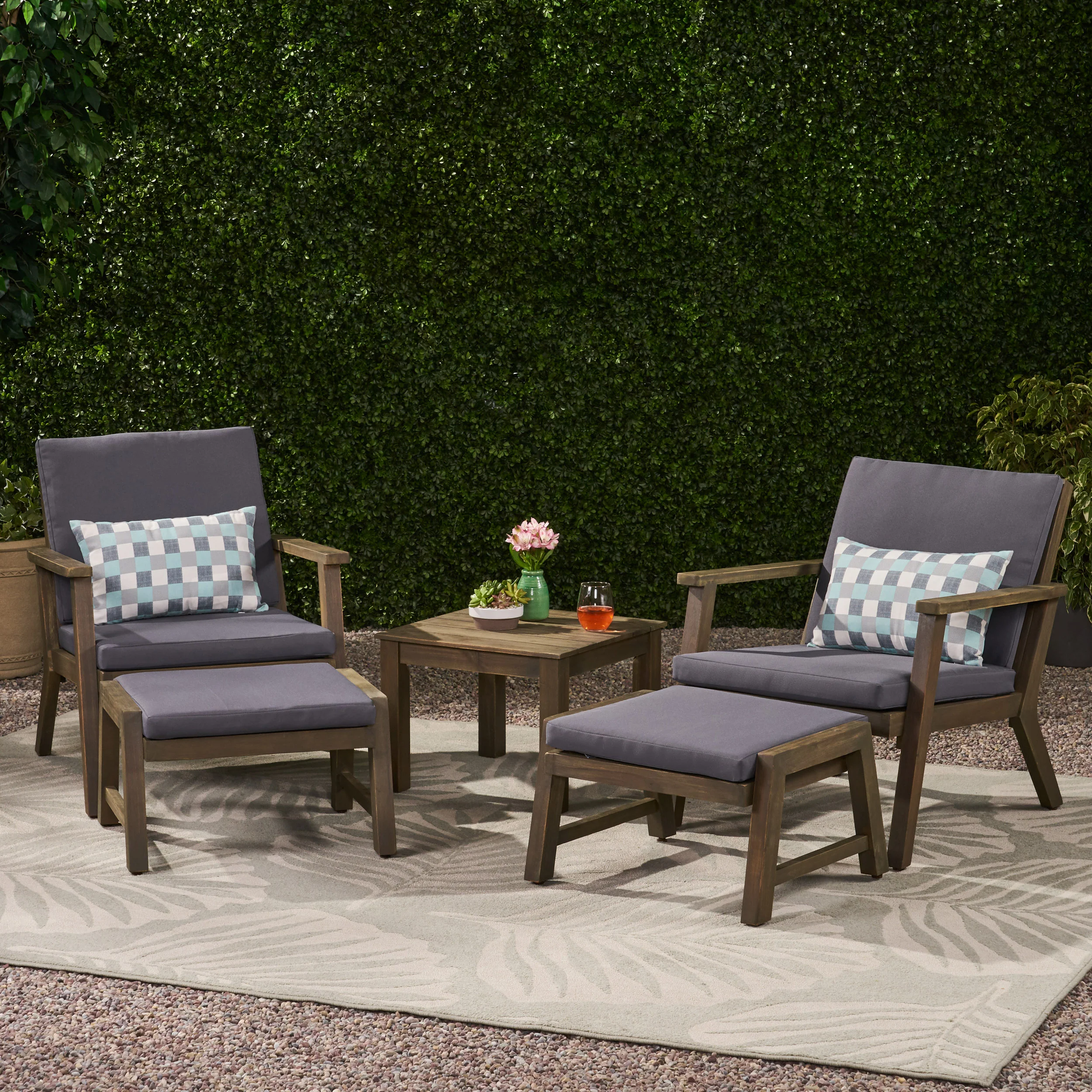 Avacyn Outdoor Mid-Century Modern Acacia Wood 2 Seater Chat Set with Ottomans - furnishings