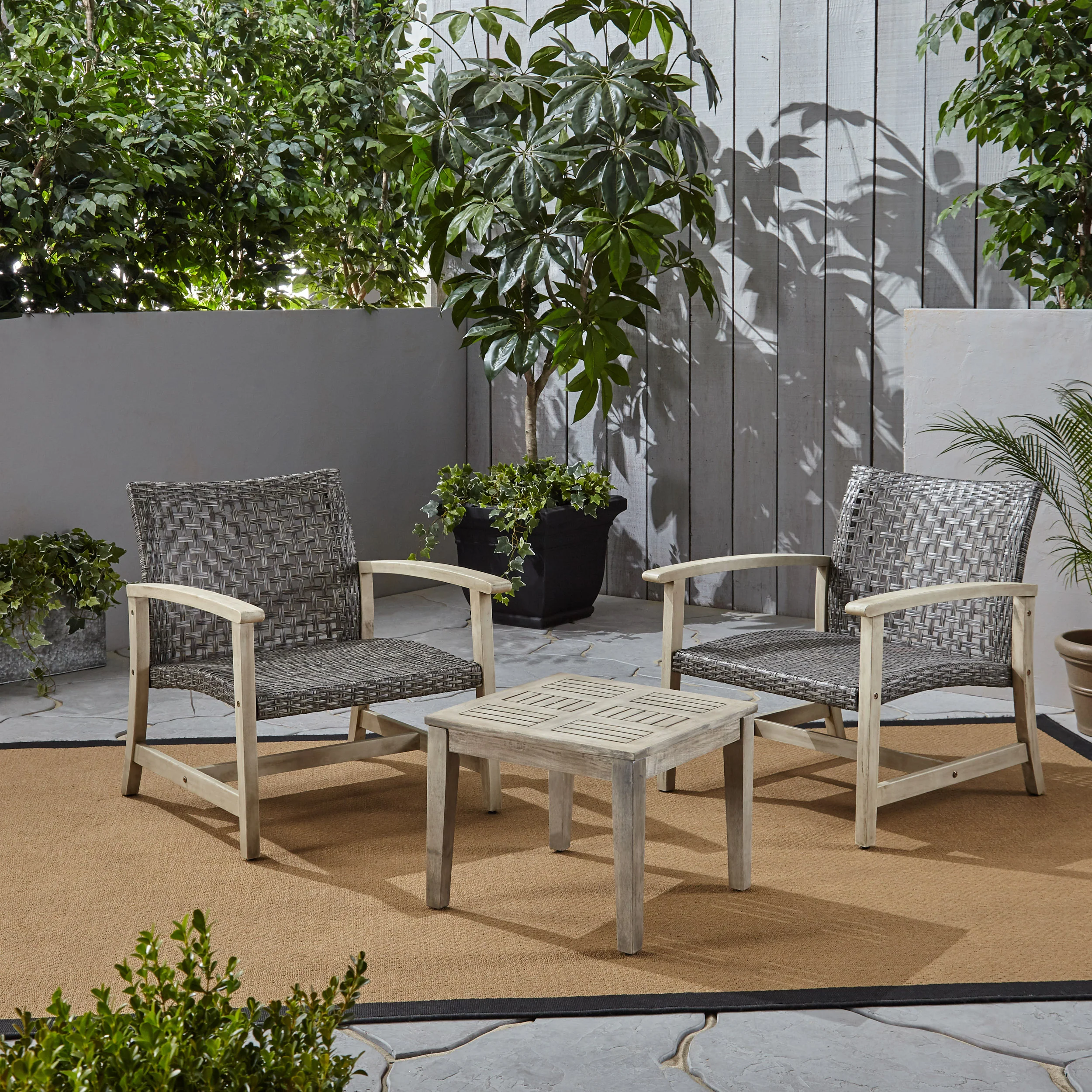 Alyssa Outdoor 3 Piece Wood and Wicker Club Chairs and Side Table Set - furnishings