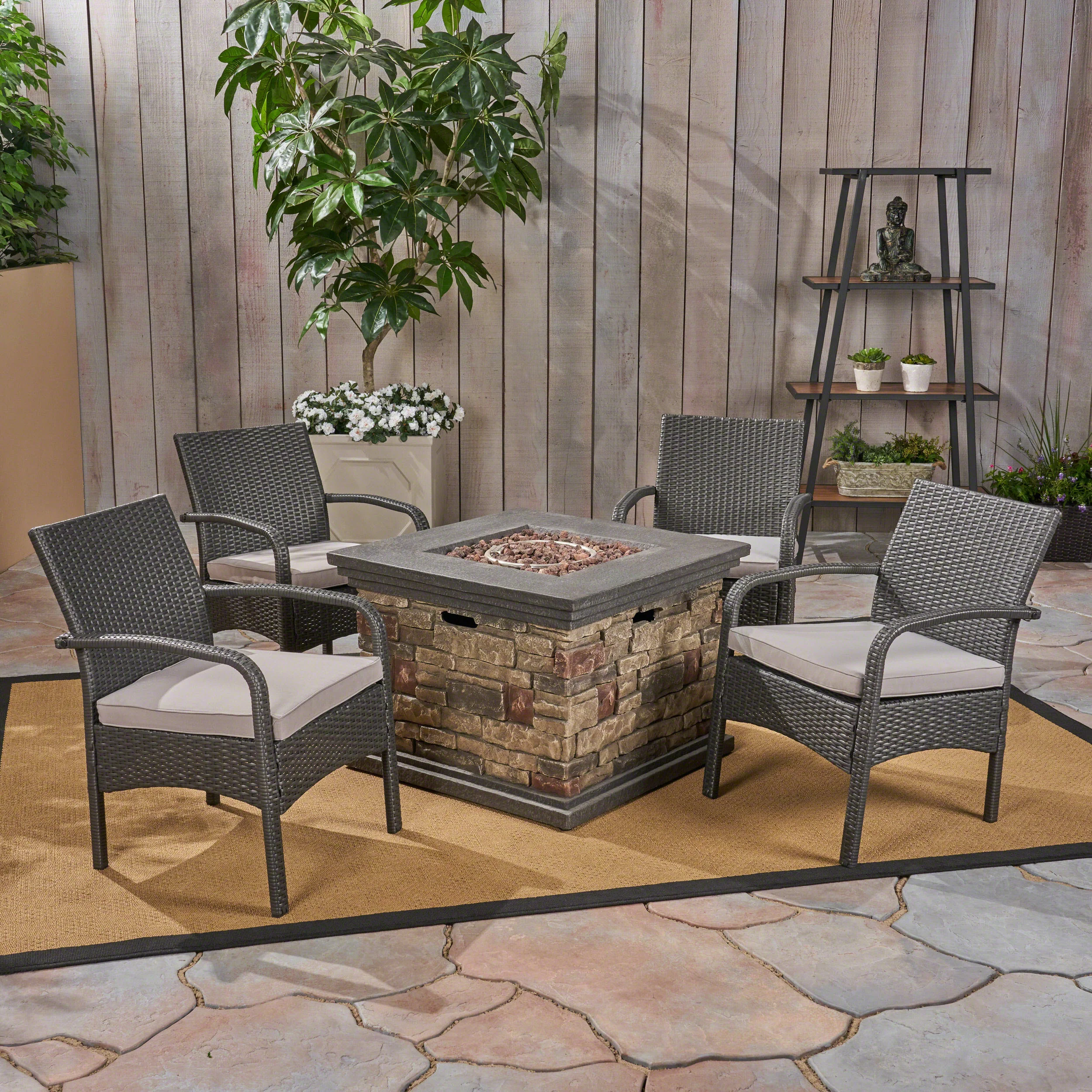 Meroy Patio Fire Pit Set, 4-Seater with Club Chairs, Wicker with Outdoor Cushions - furnishings