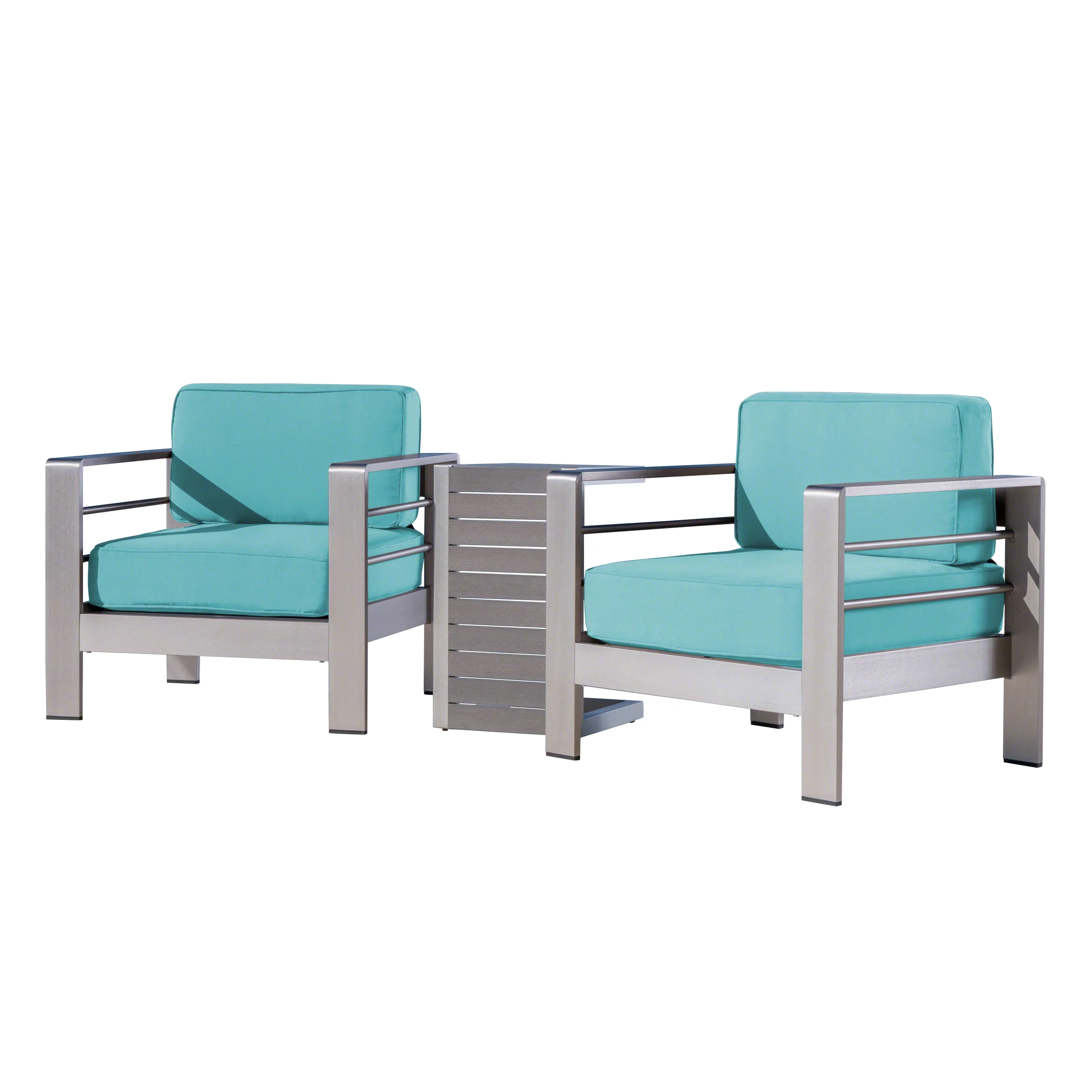 Zona Outdoor Aluminum Club Chairs and Faux Wood Side Table Set with Cushions - furnishings