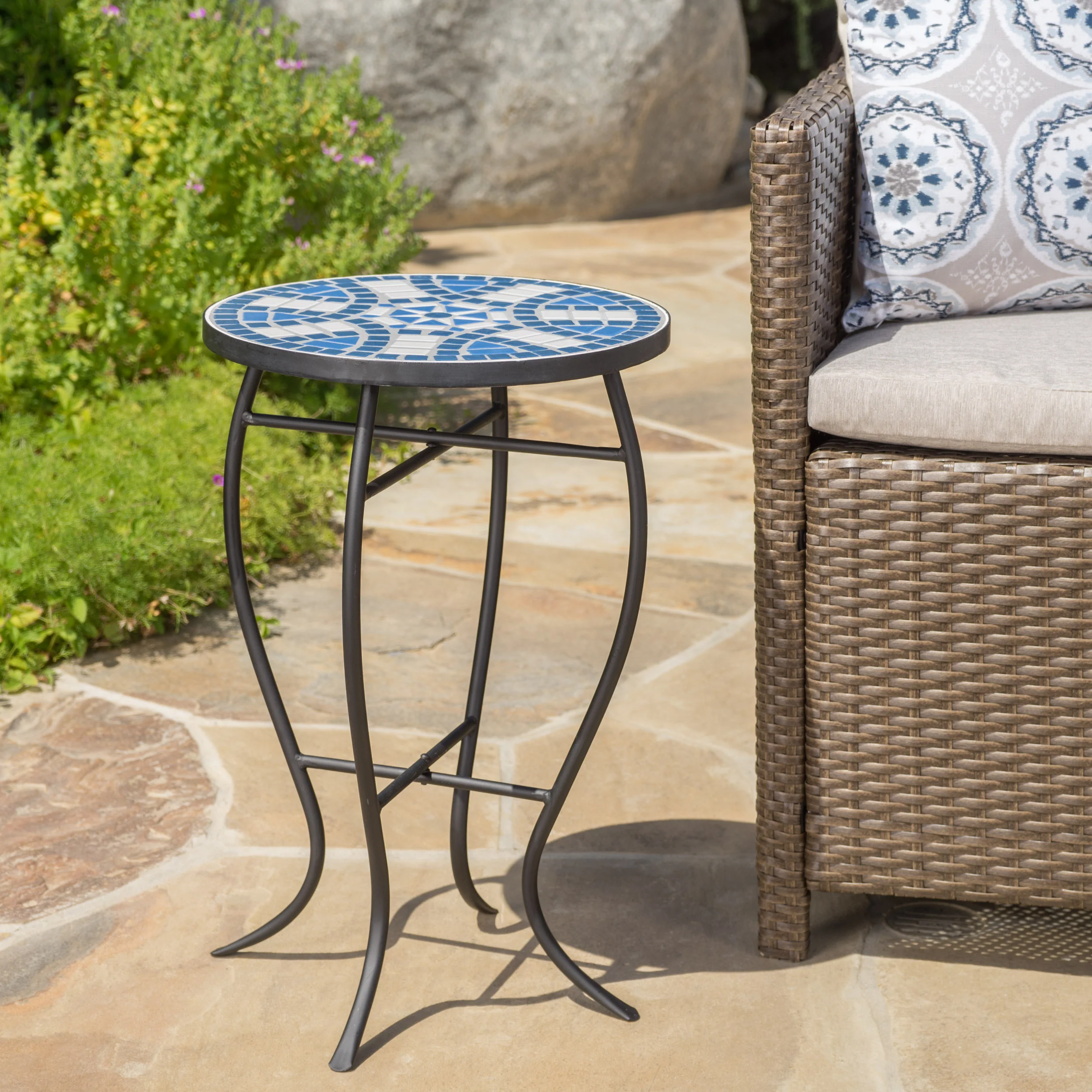 Harington Outdoor Blue & White Ceramic Tile Iron Frame Side Table - furnishings