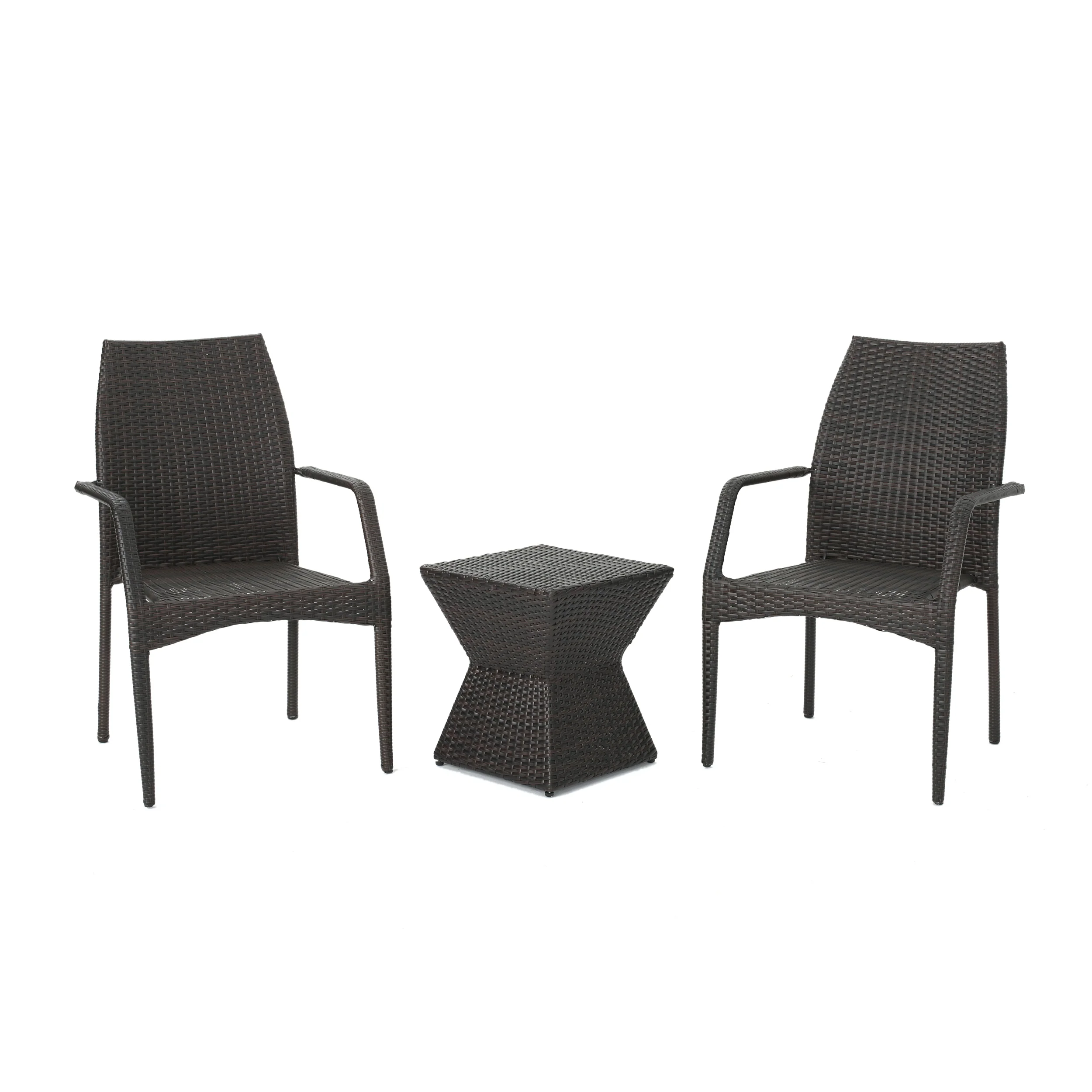 Ralsey Outdoor 3 Piece Multi-Brown Wicker Chat Set with Stacking Chairs - furnishings