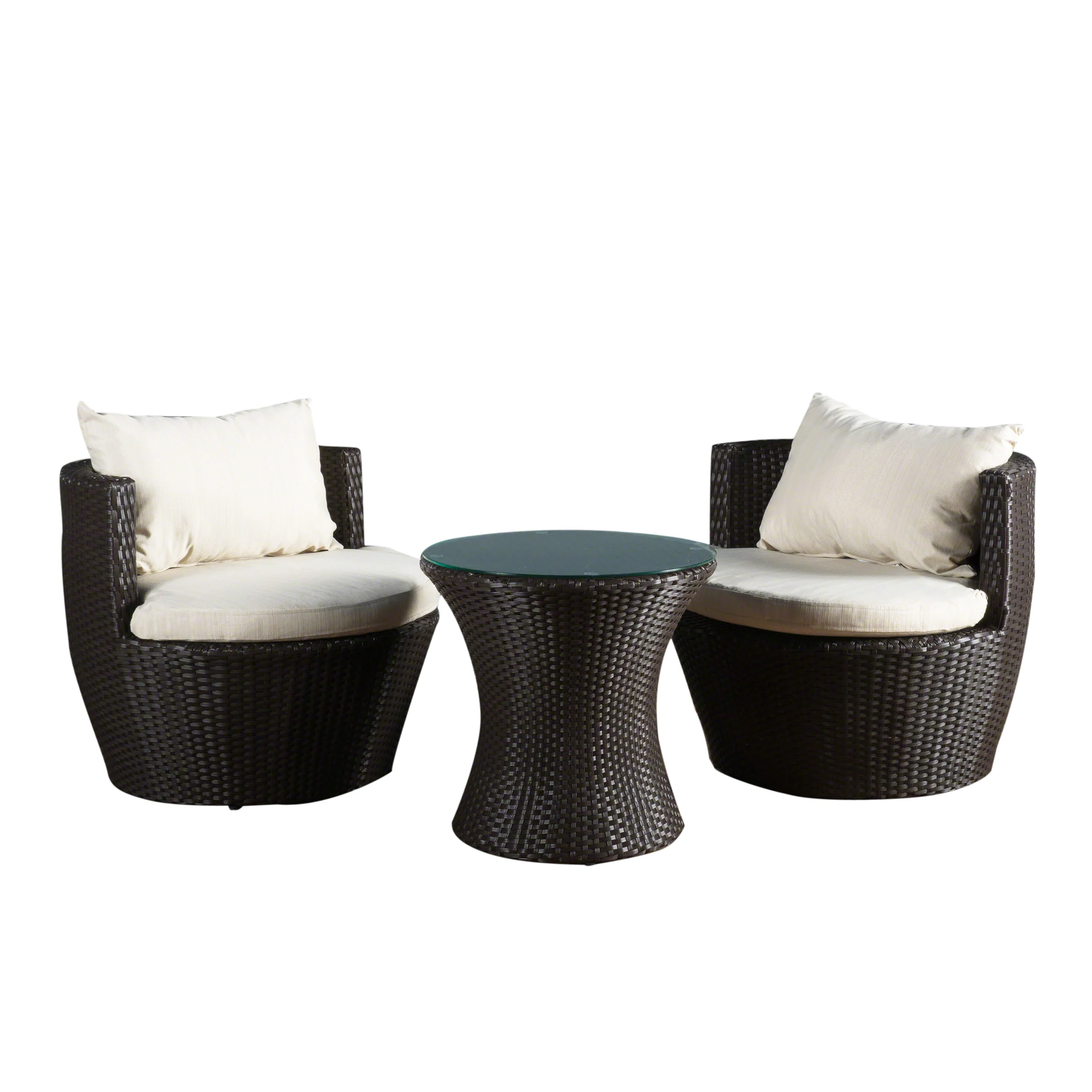 Kyoto Outdoor Round 3-Piece Brown Wicker Chat Set with Beige Cushions - furnishings