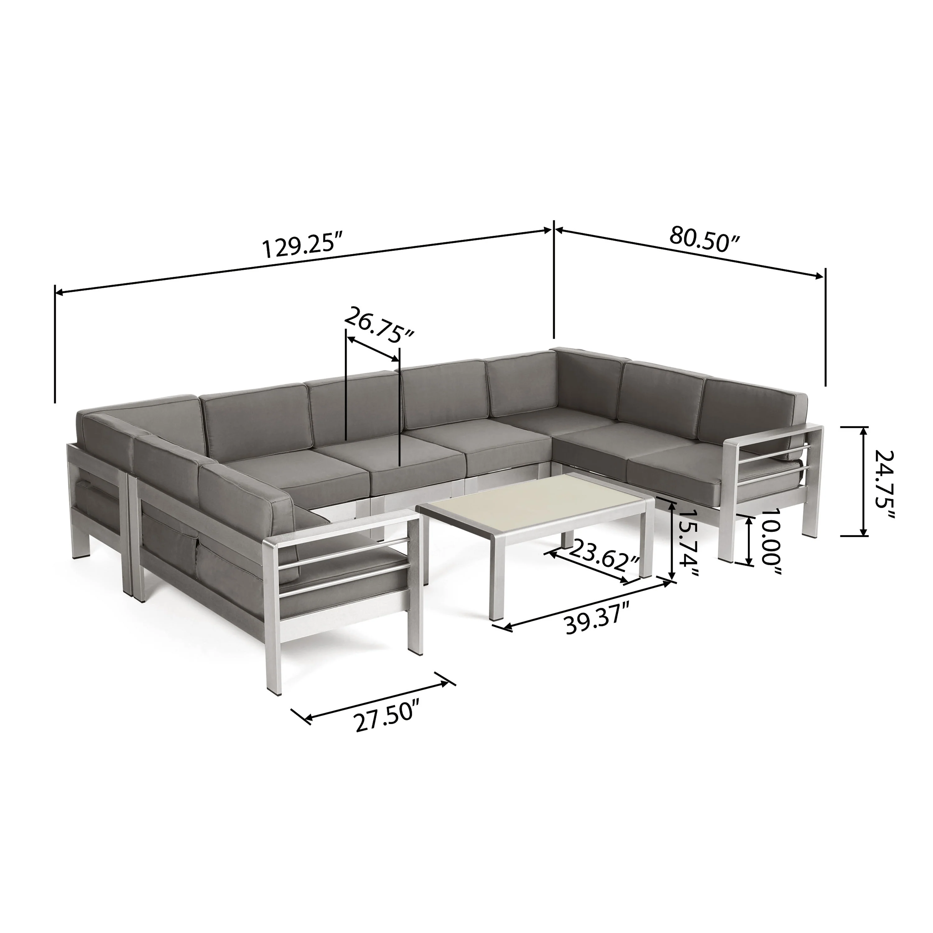 Emily Coral Outdoor 9-Seater Aluminum Sectional Sofa Set with Coffee Table, Silver and Khaki - furnishings