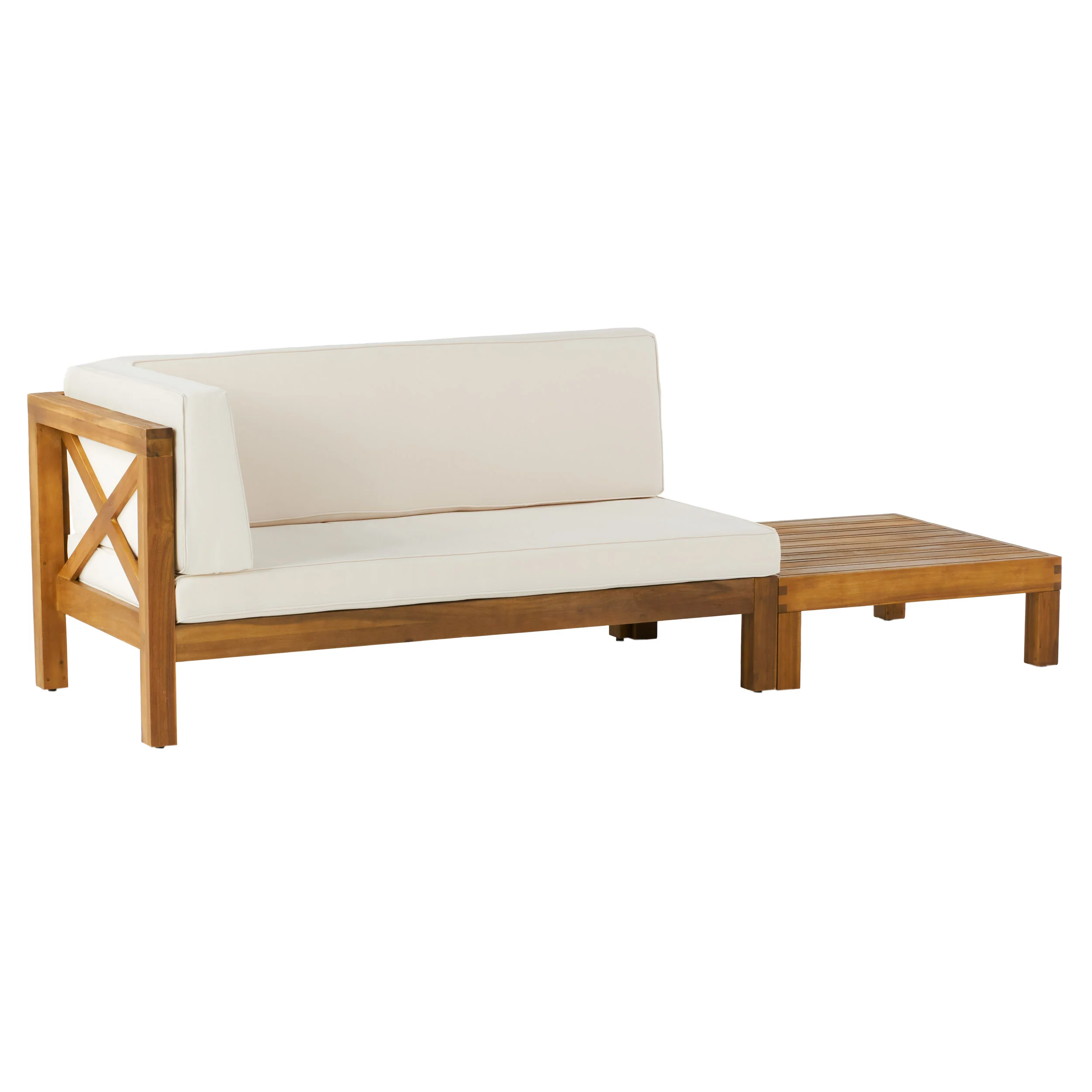 Keith Outdoor Acacia Wood Left Arm Loveseat and Coffee Table Set with Cushion - furnishings