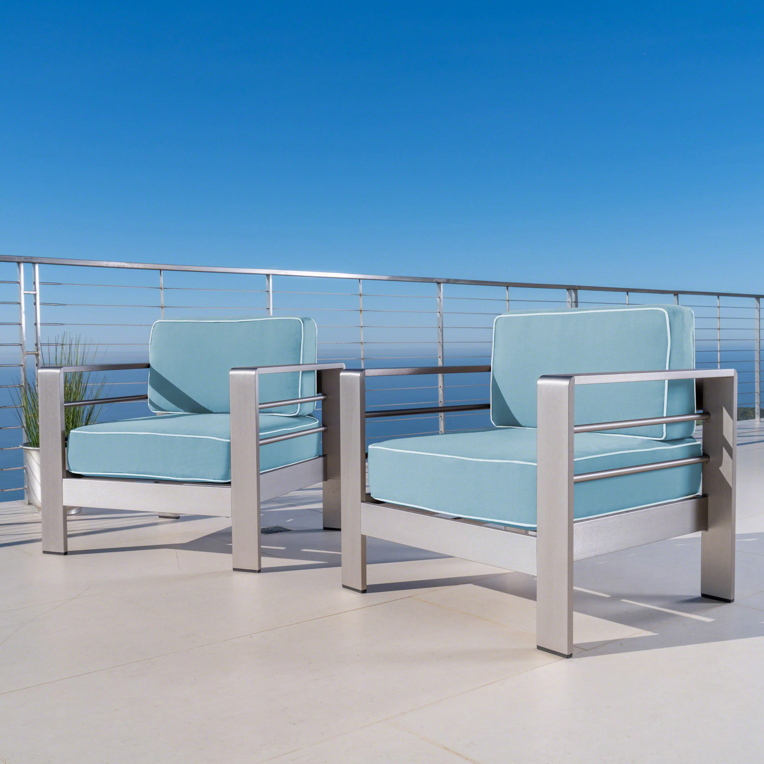 Crested Bay Outdoor Silver Aluminum Frame Light Teal Cushion Club Chairs - furnishings