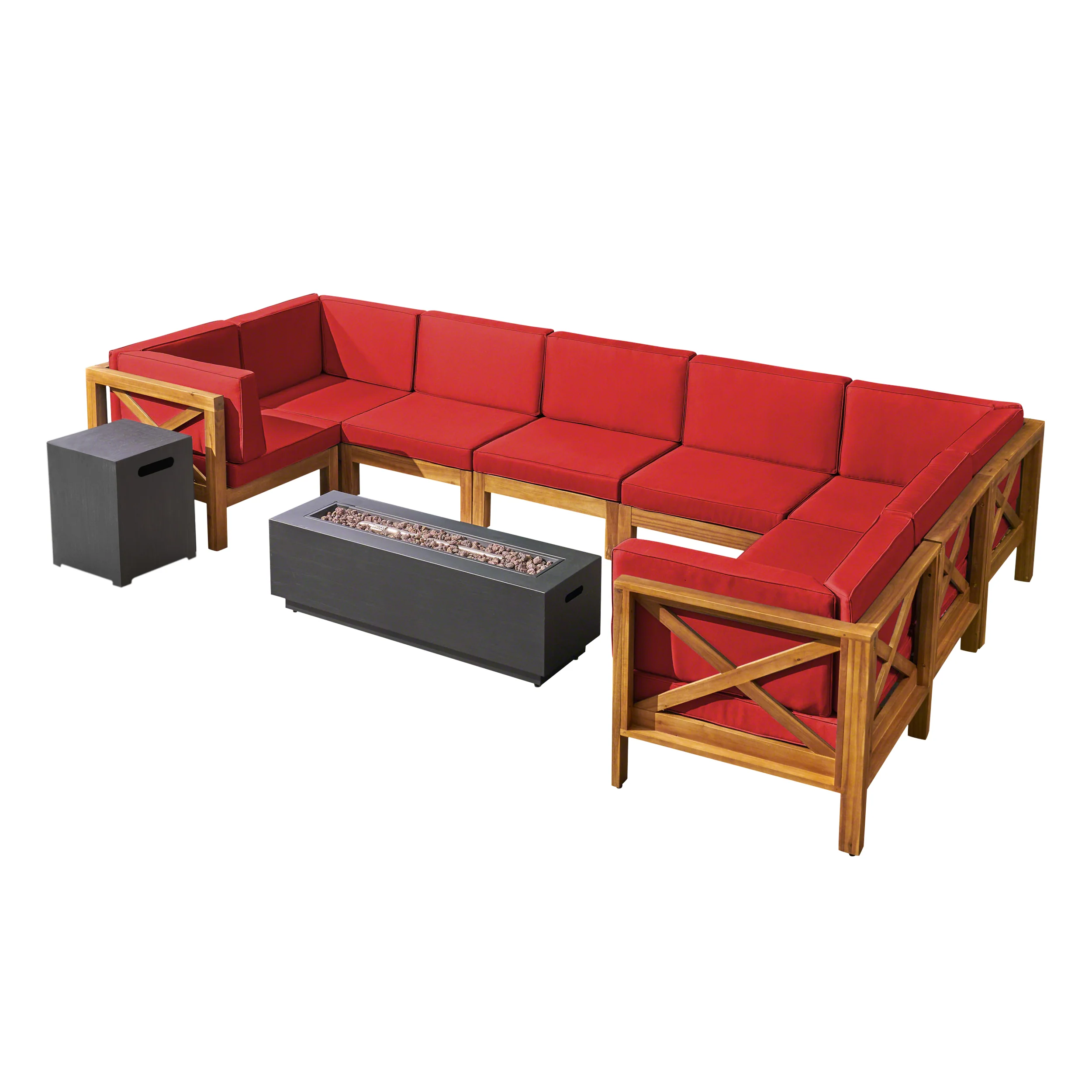 Muriel Outdoor Farmhouse Acacia Wood 8 Seater U-Shaped Sectional Sofa Set with Fire Pit - furnishings