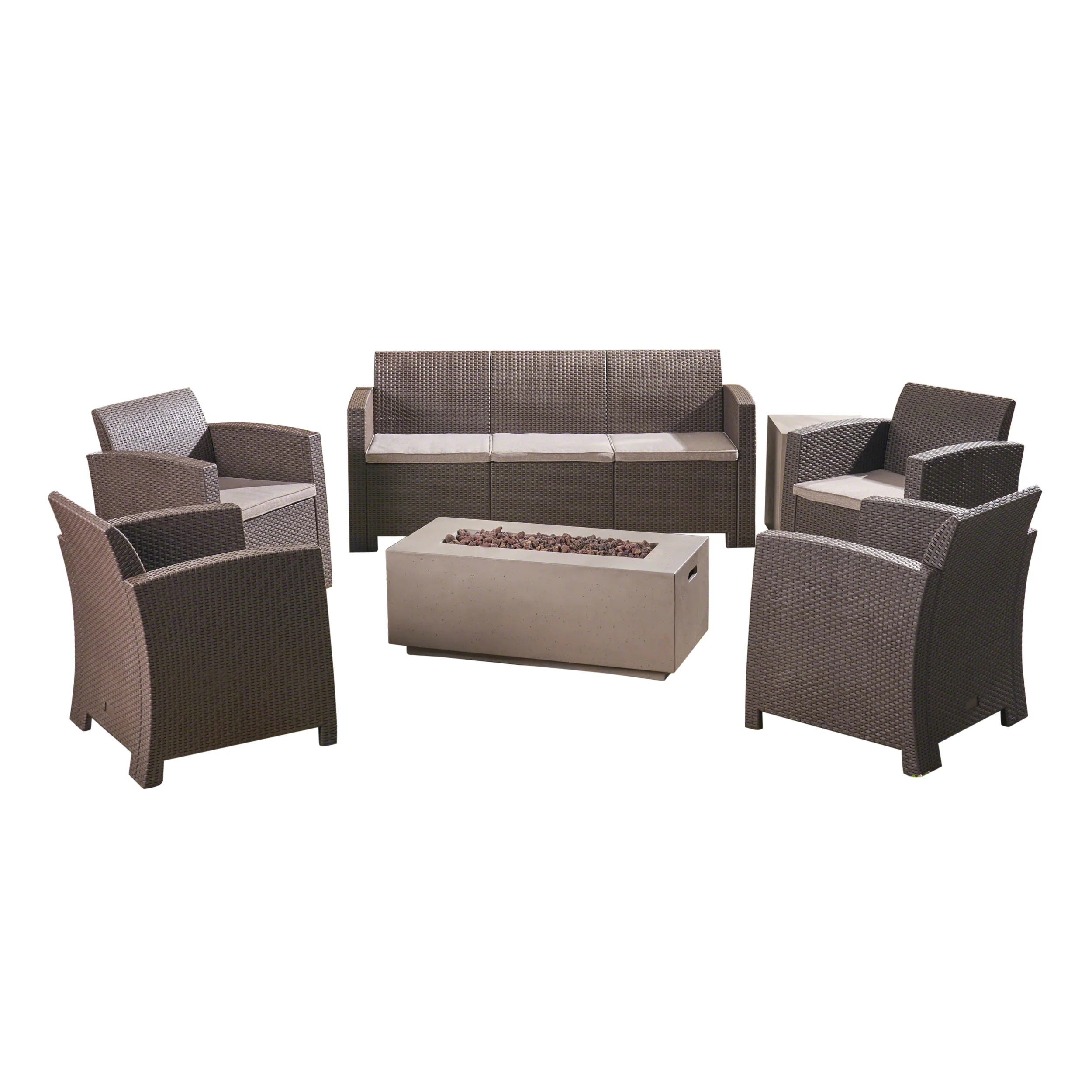 Clay Outdoor 7-Seater Wicker Print Chat Set with Fire Pit and Tank Holder - furnishings