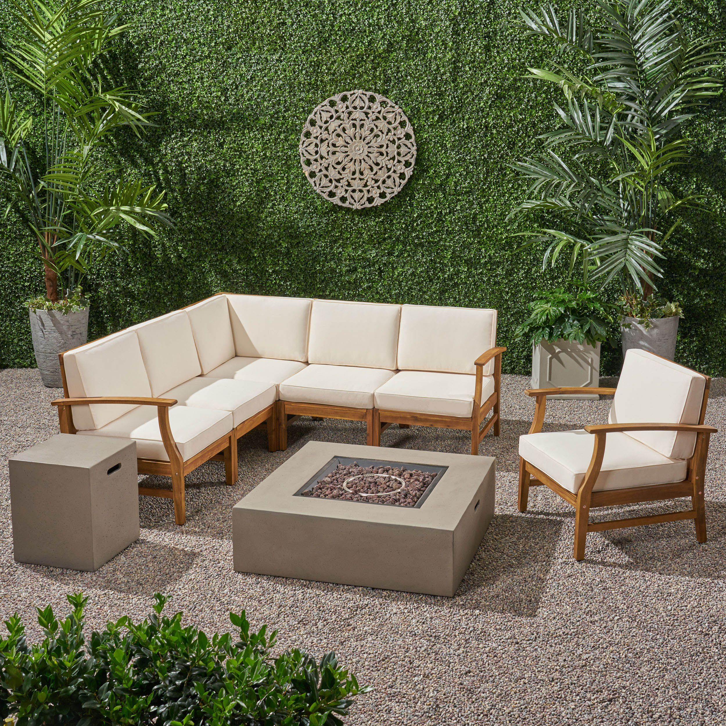 Nyeemah Outdoor 6 Seater Acacia Wood Sofa Set with Square Fire Table and Tank - furnishings