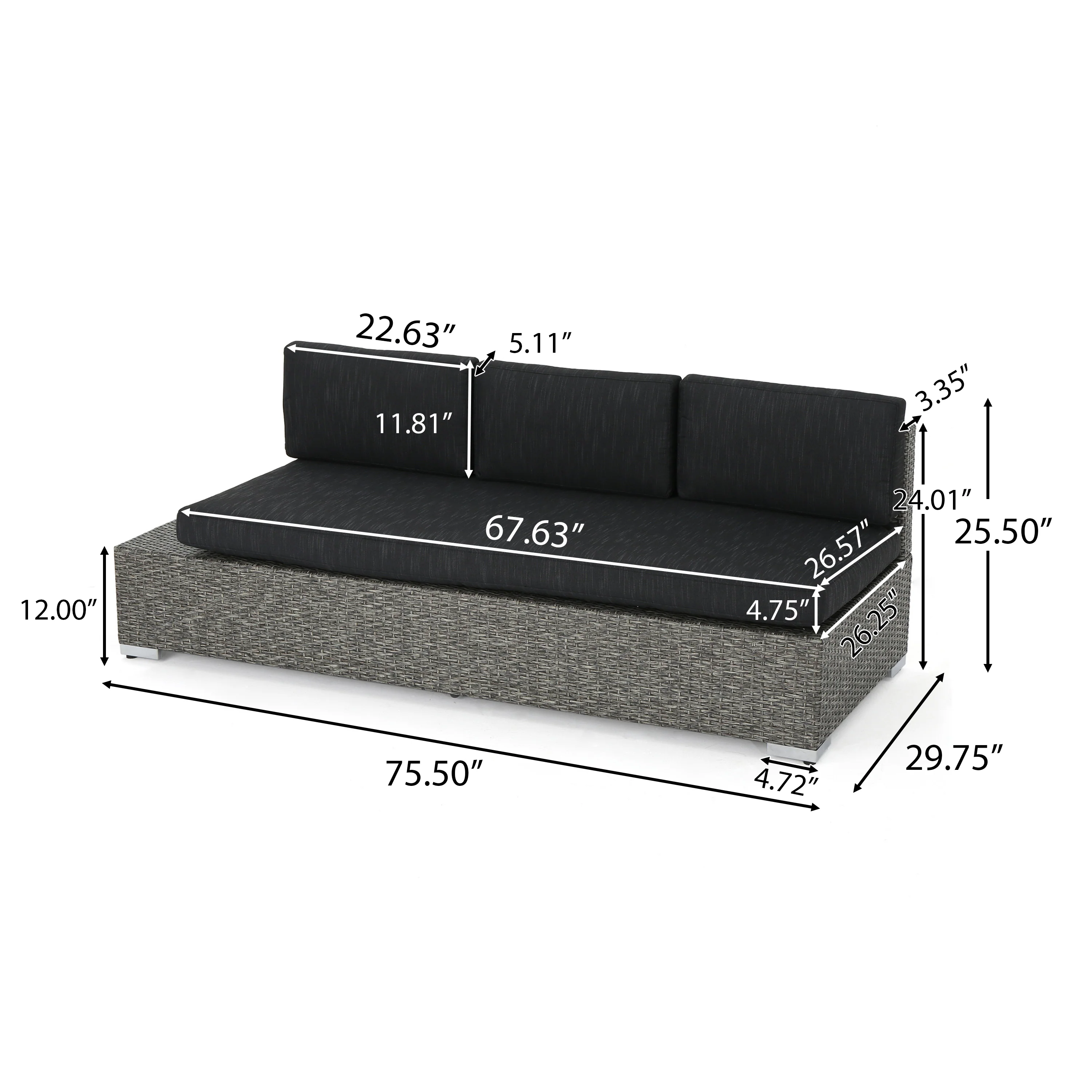 Stuart Outdoor 3 Seater Wicker Left Sofa, Mixed Black with Dark Grey Cushions - furnishings