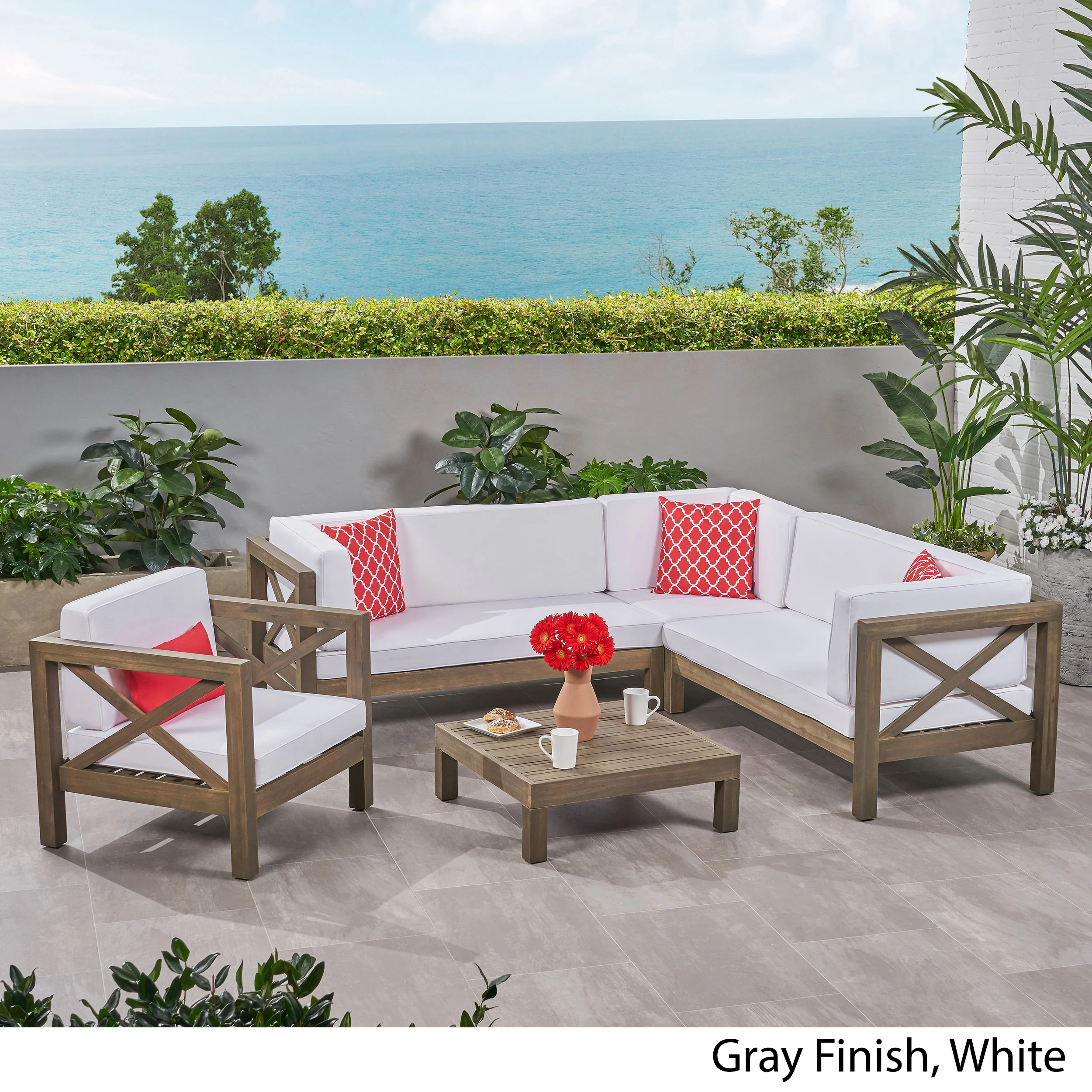 Morgan Outdoor 6 Seater Acacia Wood Sectional Sofa and Club Chair Set - furnishings