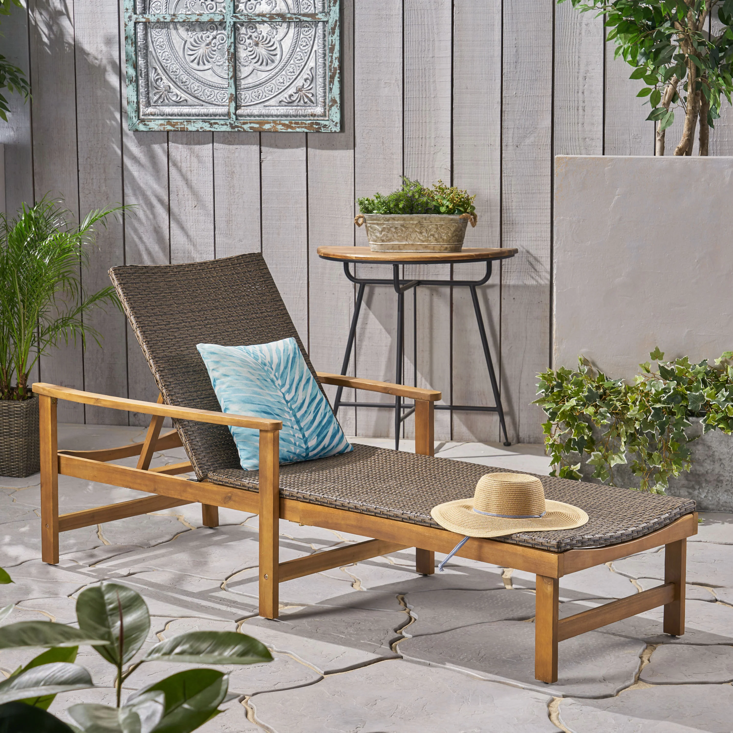 Kyle Outdoor Rustic Acacia Wood Chaise Lounge with Wicker Seating - furnishings