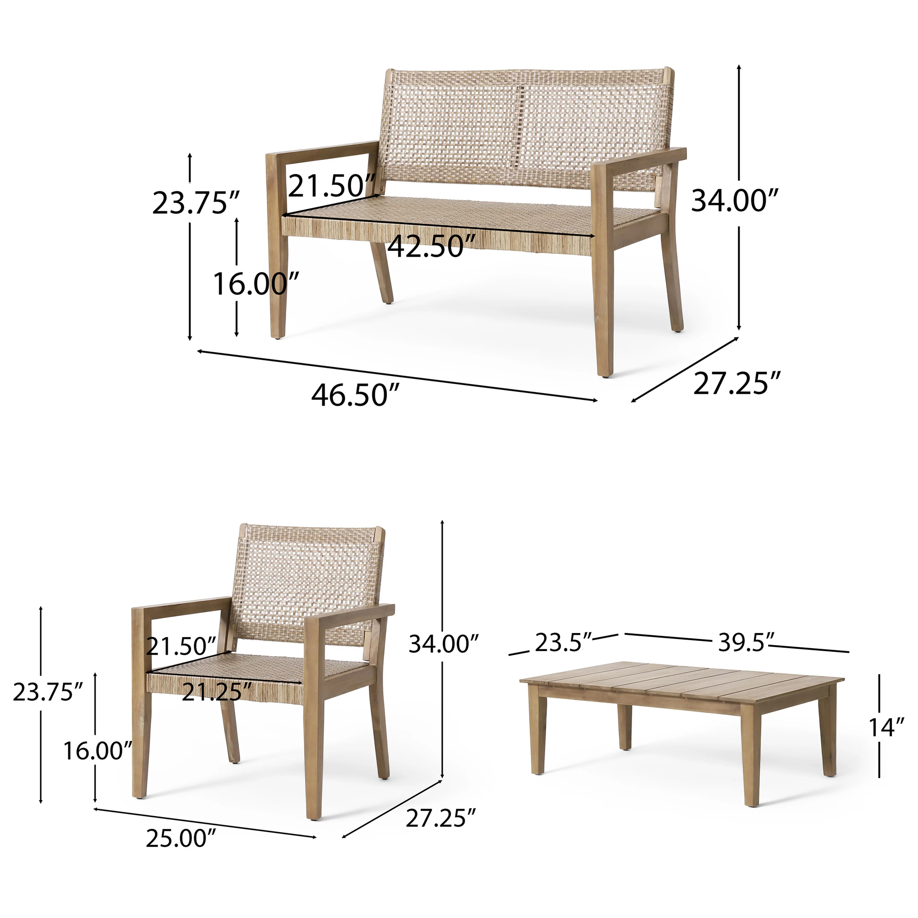 Elmcrest Outdoor Wicker and Acacia Wood 4 Seater Chat Set, Light Multibrown and Light Brown - furnishings