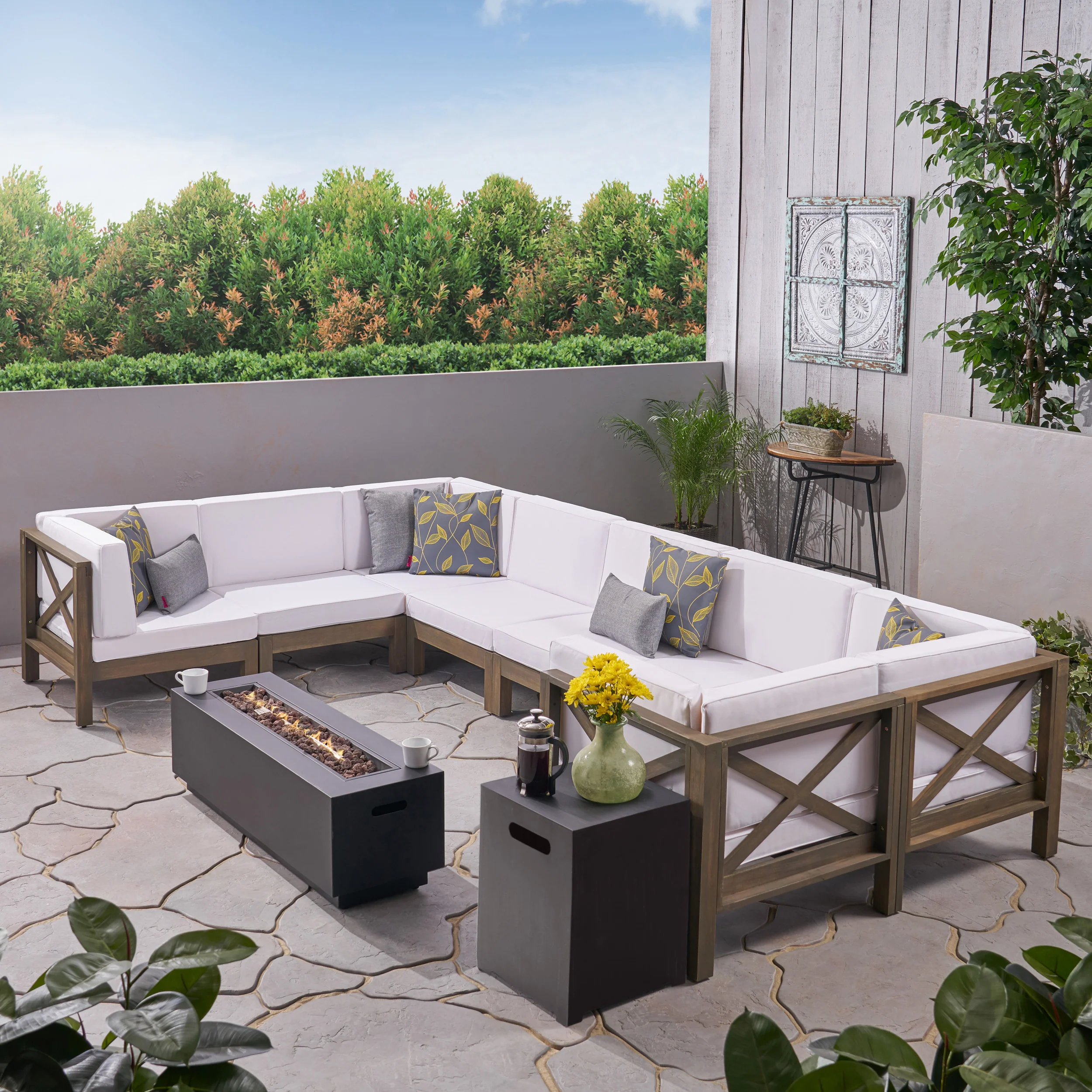 Muriel Outdoor Farmhouse Acacia Wood 8 Seater U-Shaped Sectional Sofa Set with Fire Pit - furnishings