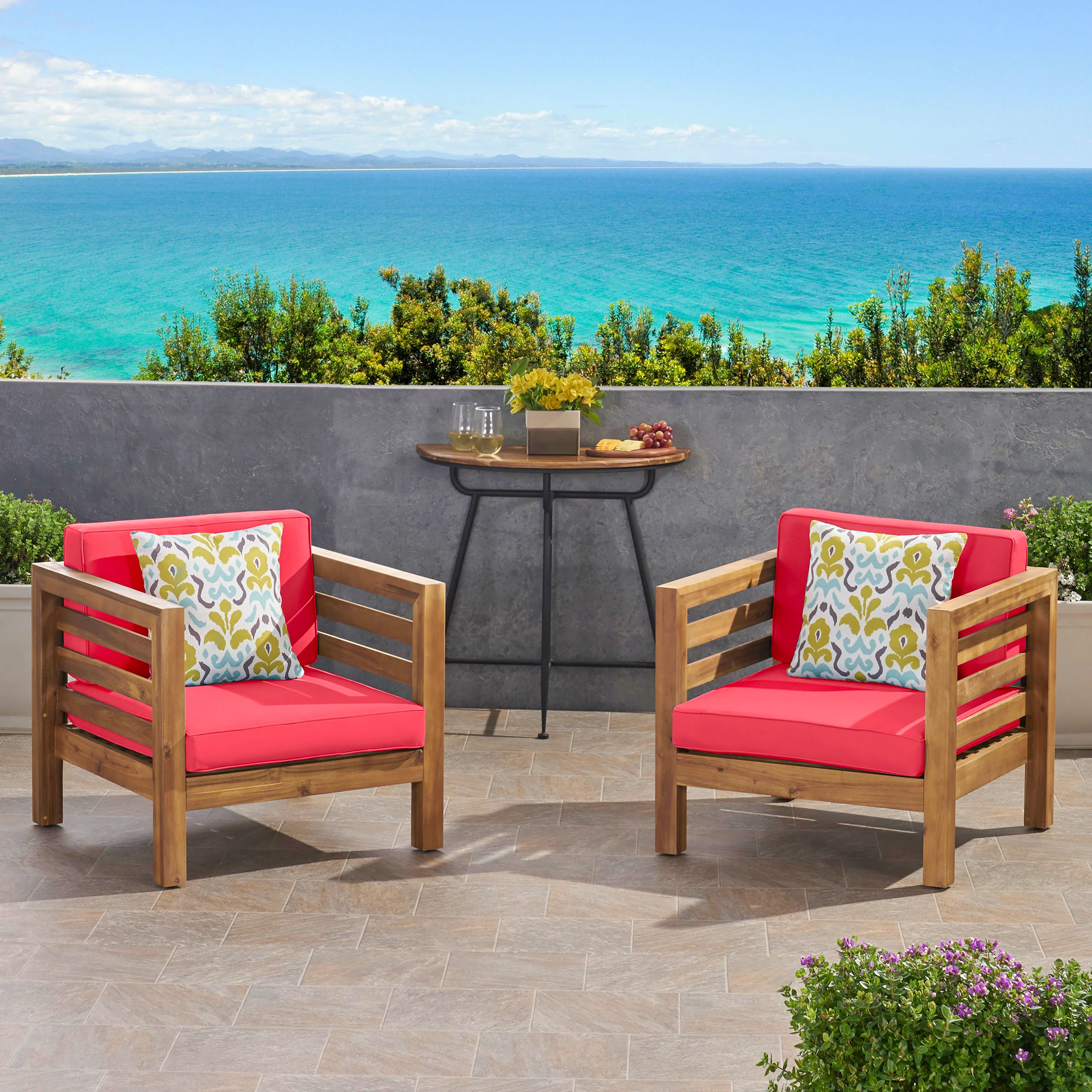 Louise Outdoor Acacia Wood Club Chairs with Cushions (Set of 2) - furnishings