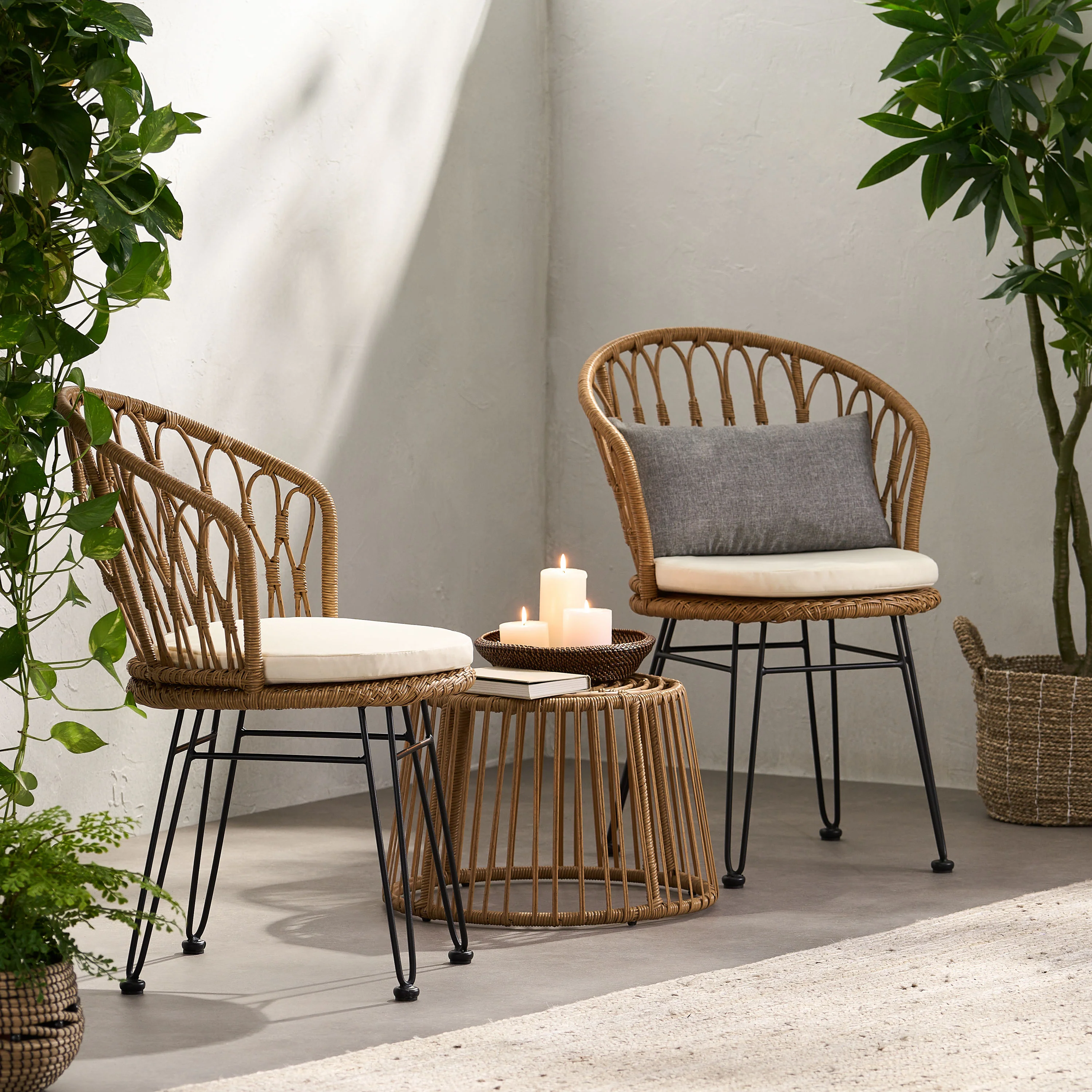 Cowen Outdoor Wicker 3 Piece Chat Set with Cushions, Light Brown, Black, and Beige - furnishings