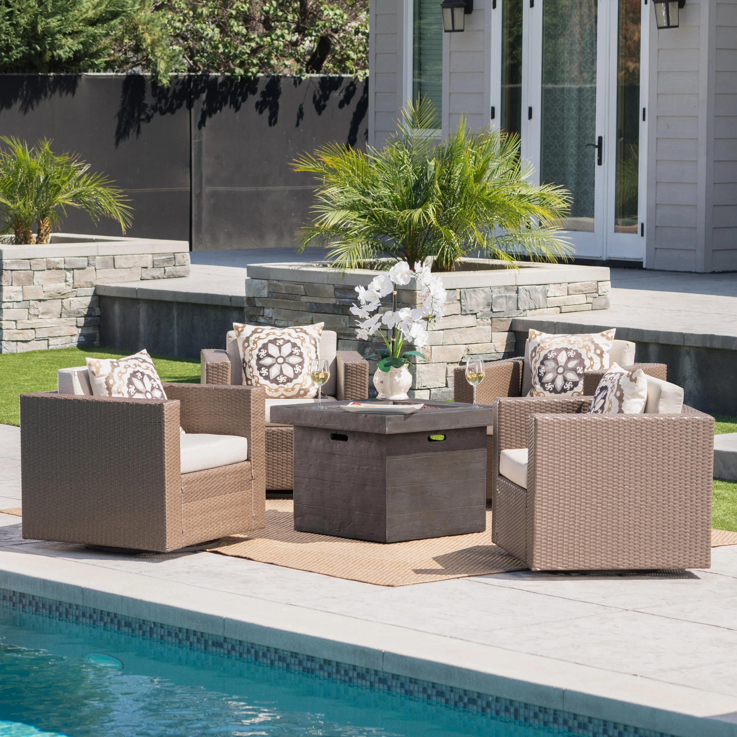 Venice Outdoor 5 Piece Chat Set with Brown Wicker Club Chairs and Fire Pit - furnishings