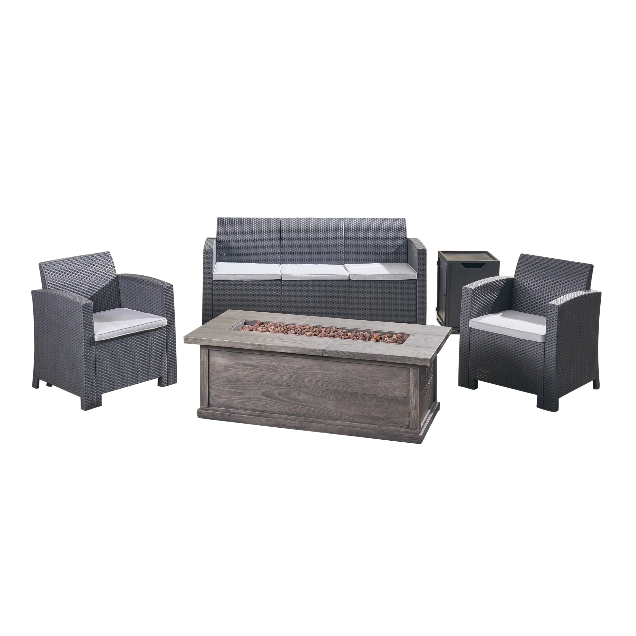 Melik Outdoor 5-Seater Wicker Print Chat Set with Fire Pit and Tank Holder - furnishings