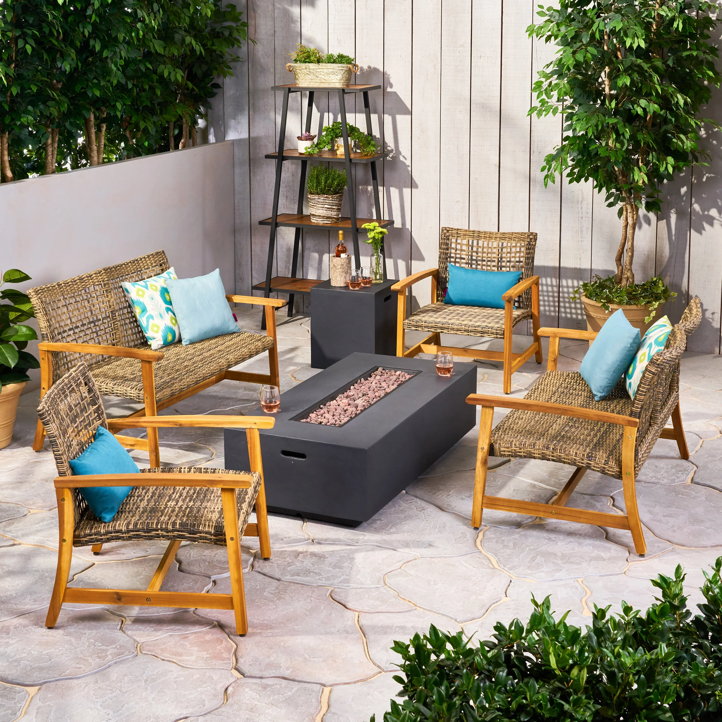Tabby Outdoor 6 Seater Wood and Wicker Chat Set with Fire Pit - furnishings