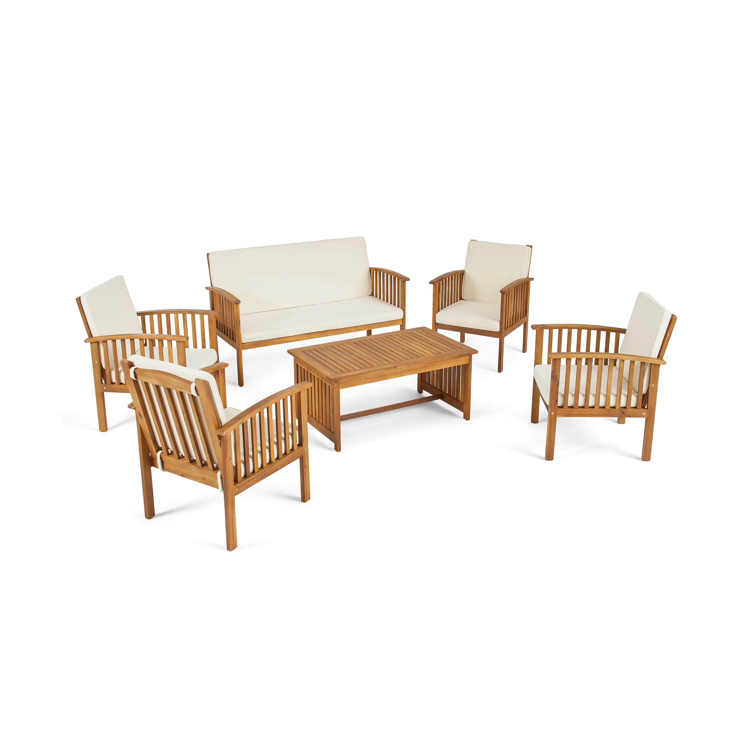 Parry Outdoor Open Slat 6-Seater Acacia Wood Conversation Set with Coffee Table - furnishings