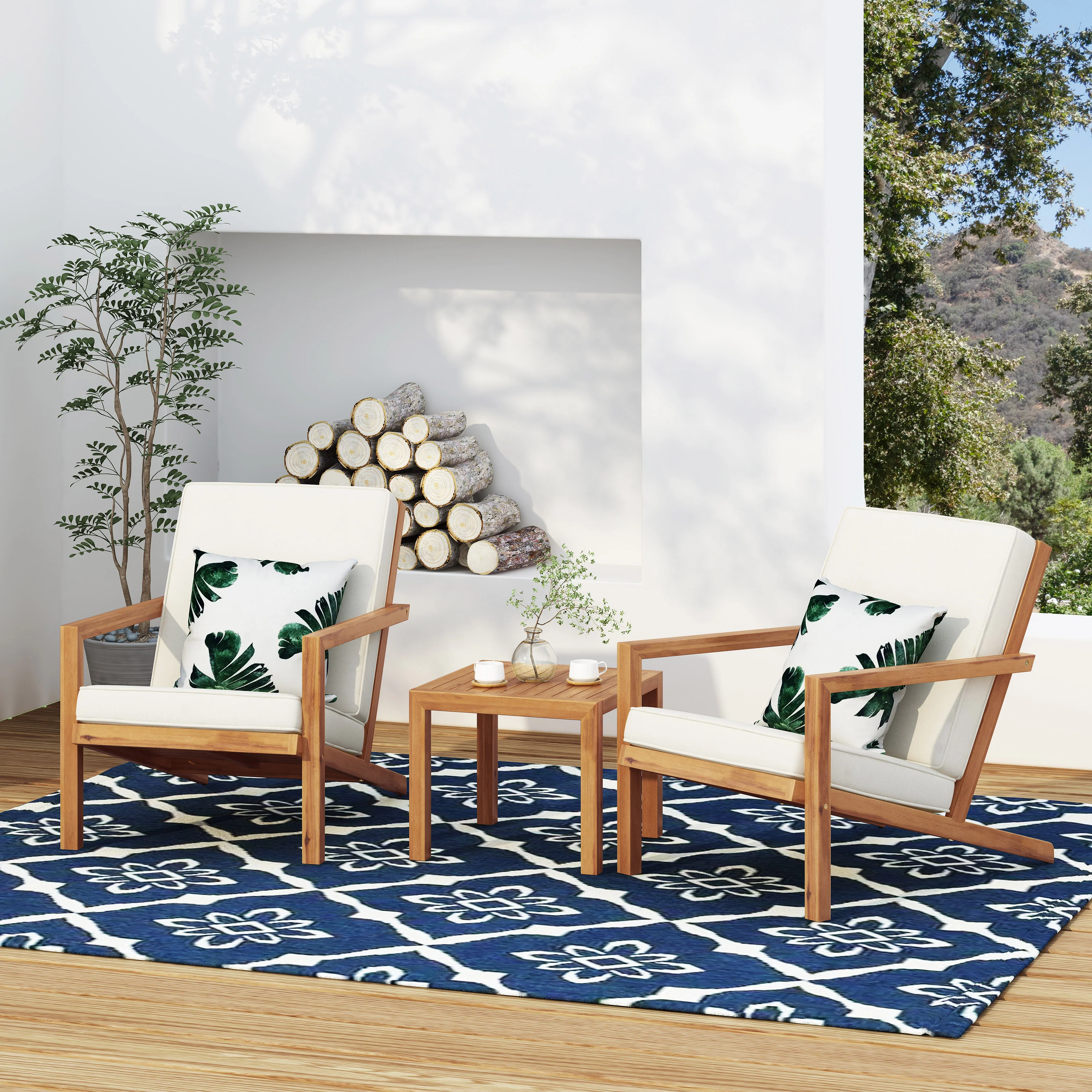 Ludwig Outdoor Acacia Wood 3 Piece Chat Set with Cushions - furnishings