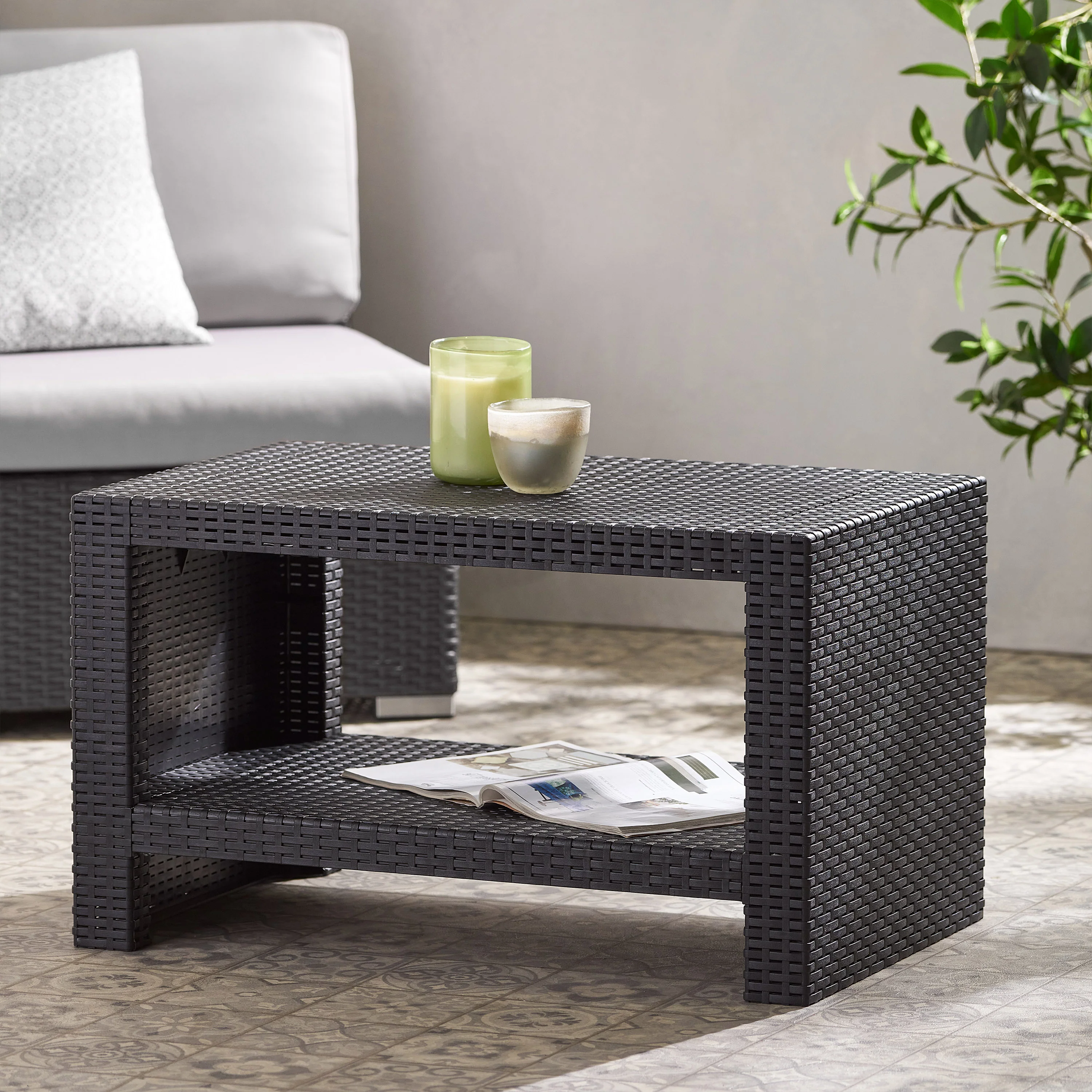 Kyara Outdoor Wicker Coffee Table, Black - furnishings
